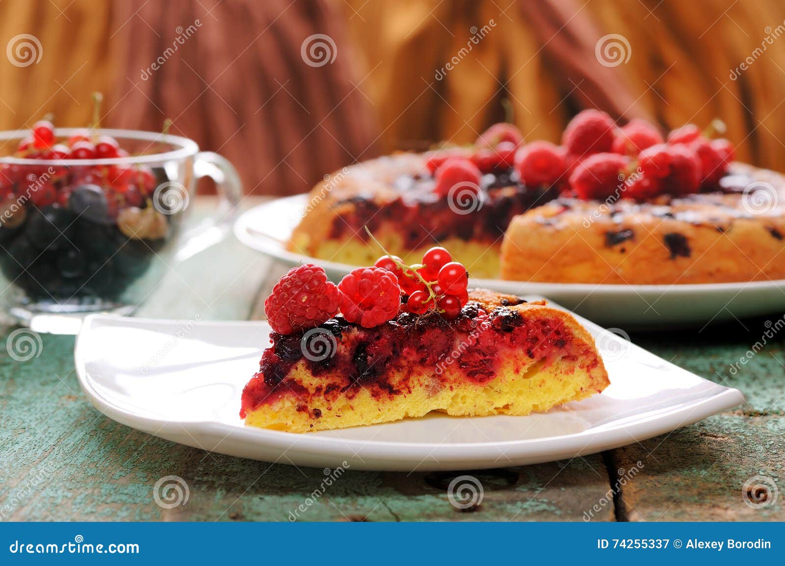 Yummy Homemade Upside Down Raspberry Cake Served with Fresh Currant