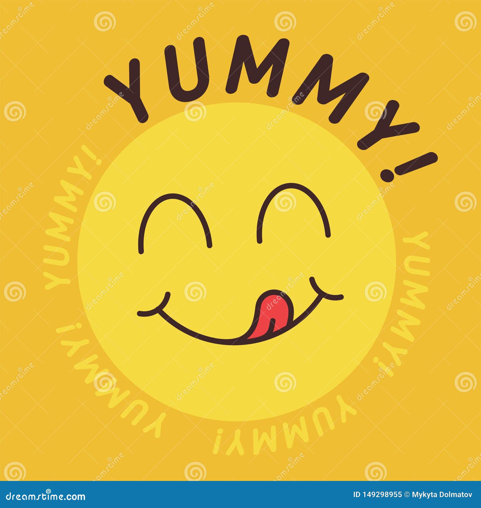 yummy smile emoticon with tongue lick mouth. tasty food eating emoji face. delicious cartoon with saliva drops on yellow