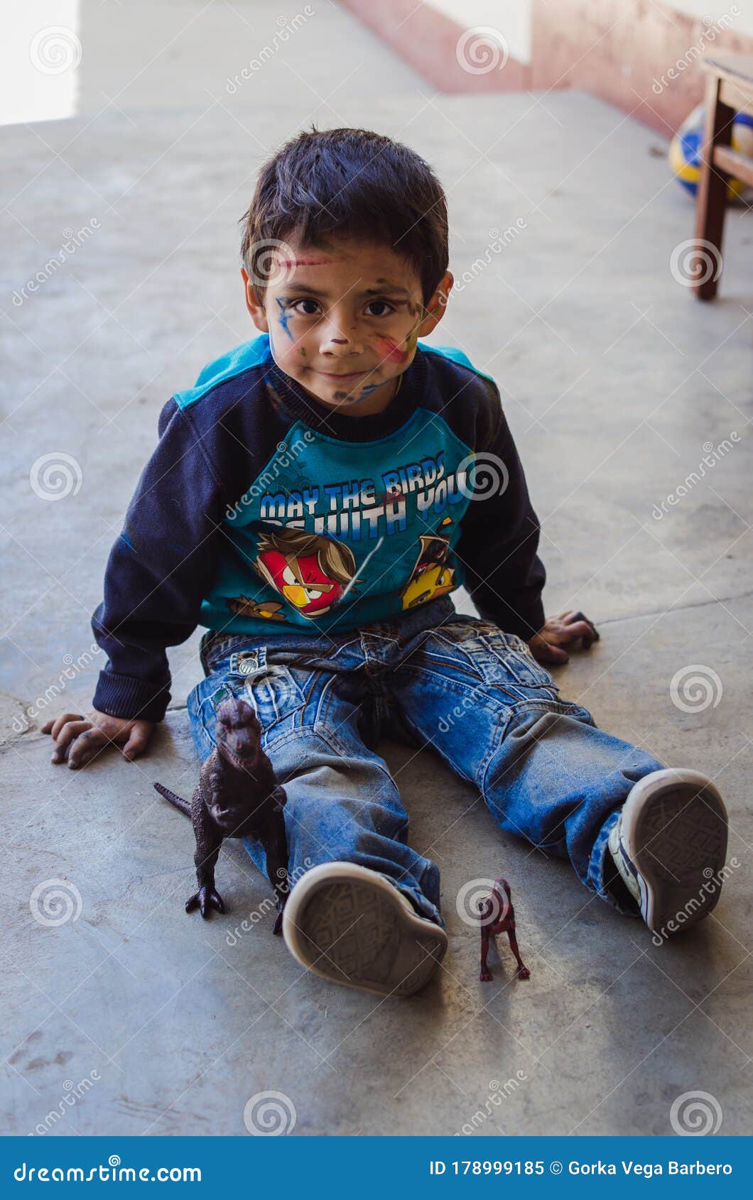 Yungay Peru August 4 2014 Smiling Latino Boy With Indigenous Features With A Dirty Face Of Paint Playing With T Rex Dinosaur Editorial Image Image Of Child Peruvian 178999185