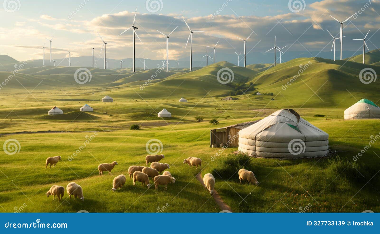 yurts and sheep on a green steppe with wind turbines
