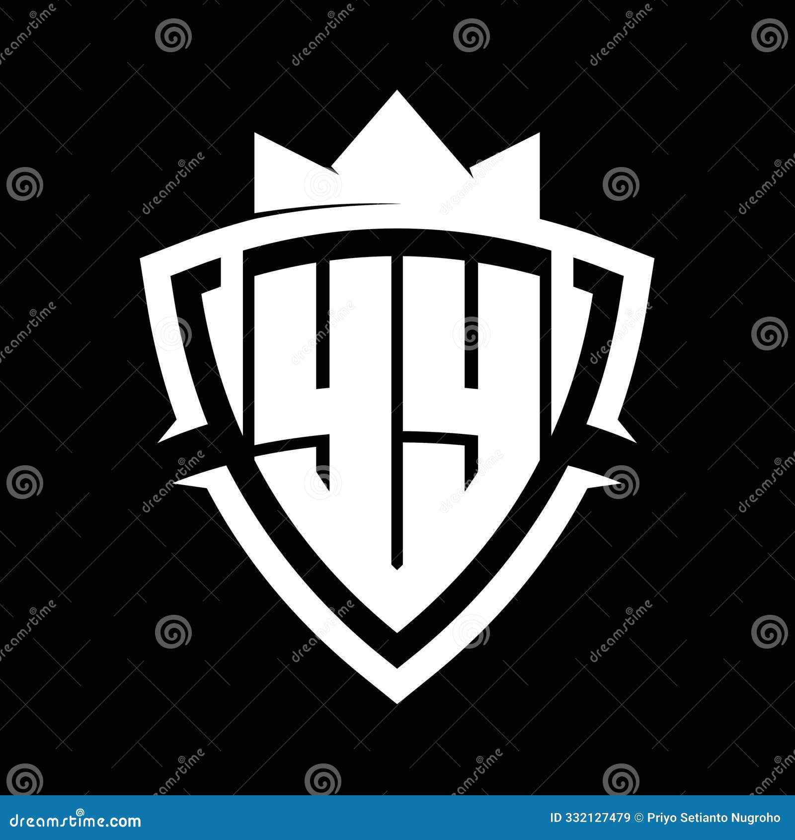 yy letter monogram with triangle curve shield  with crown white and black background color 