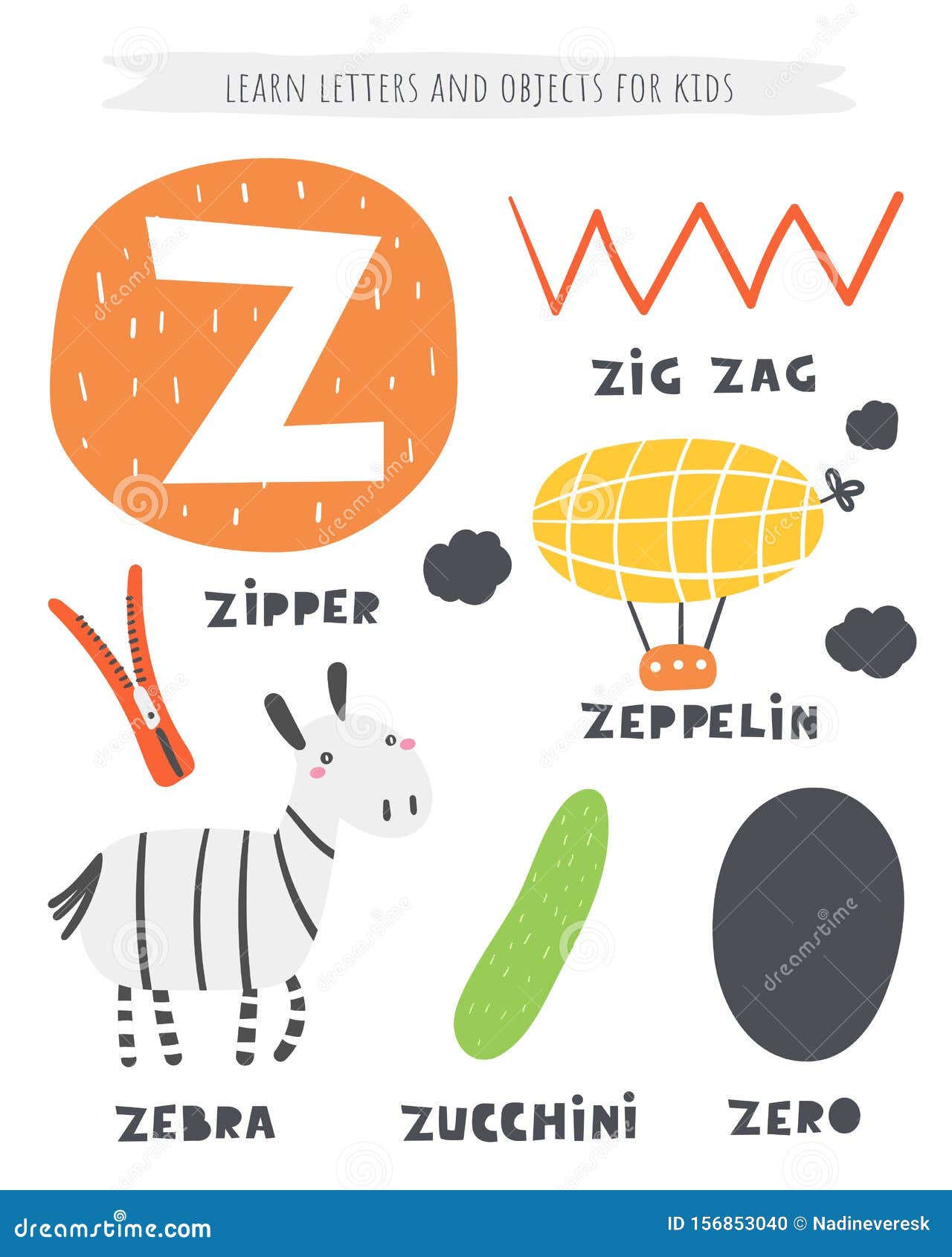 Z Letter Objects And Animals Including Zig Zag Zeppelin Zero Zucchini Zipper Zebra Stock Vector Illustration Of Page Kids