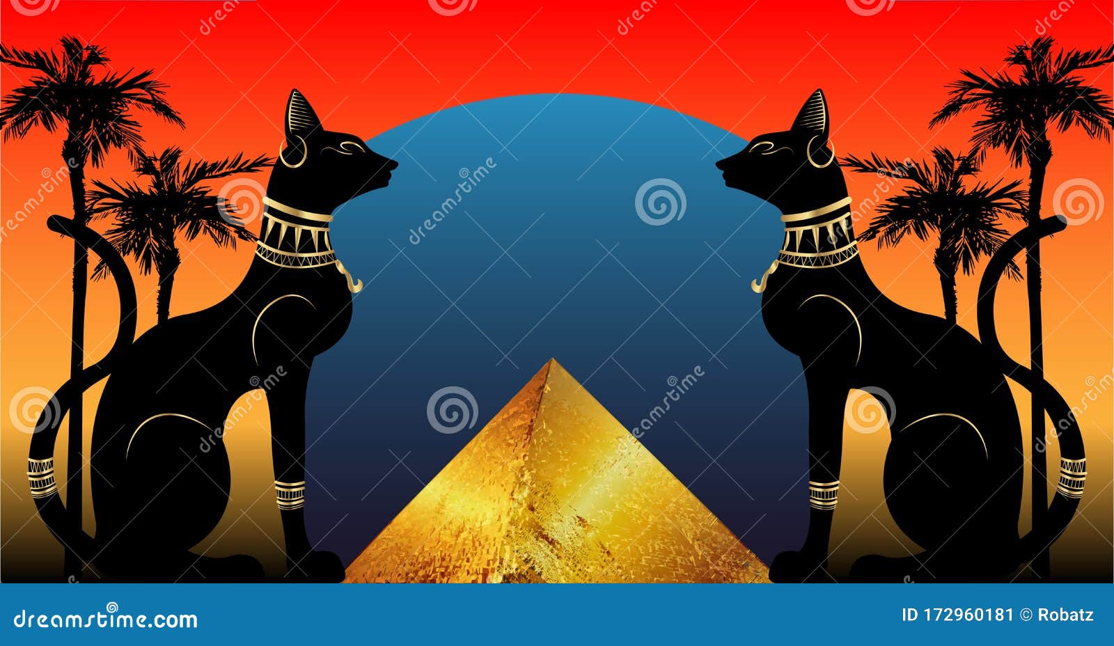 Egyptian Cats and Antique Pyramid. Bastet, Ancient Egypt Goddess and
