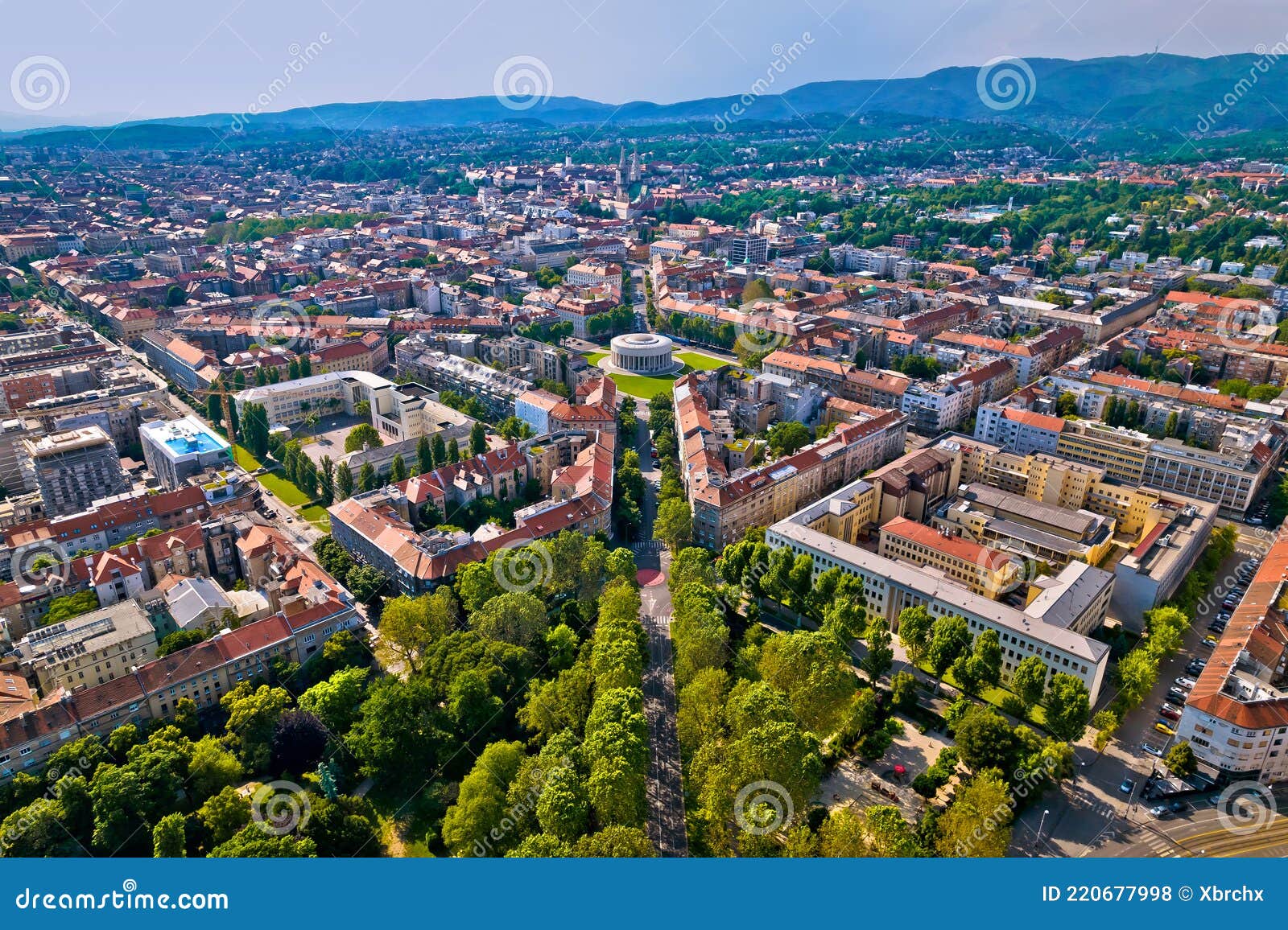 zagreb aerial. the mestrovic pavillion and town of zagreb aerial view