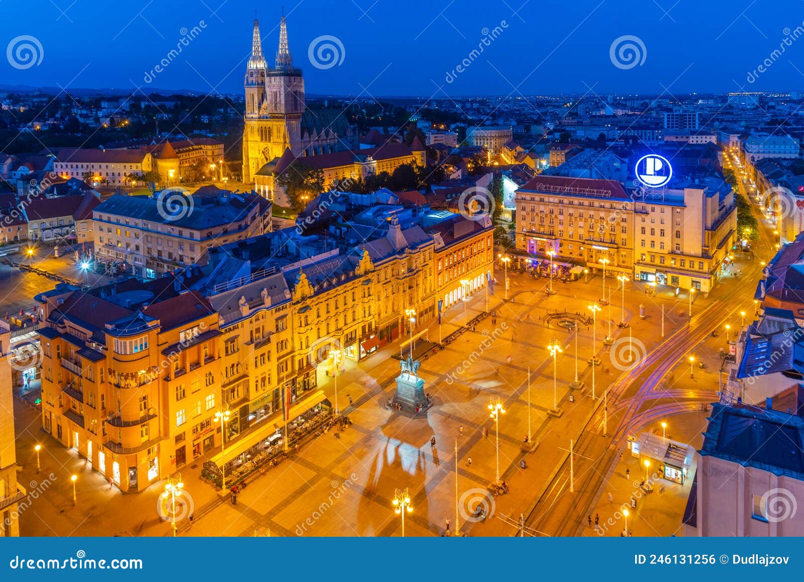 Zagreb, Croatia, August 1, 2020 Sunset Aerial View of Ban Jelac