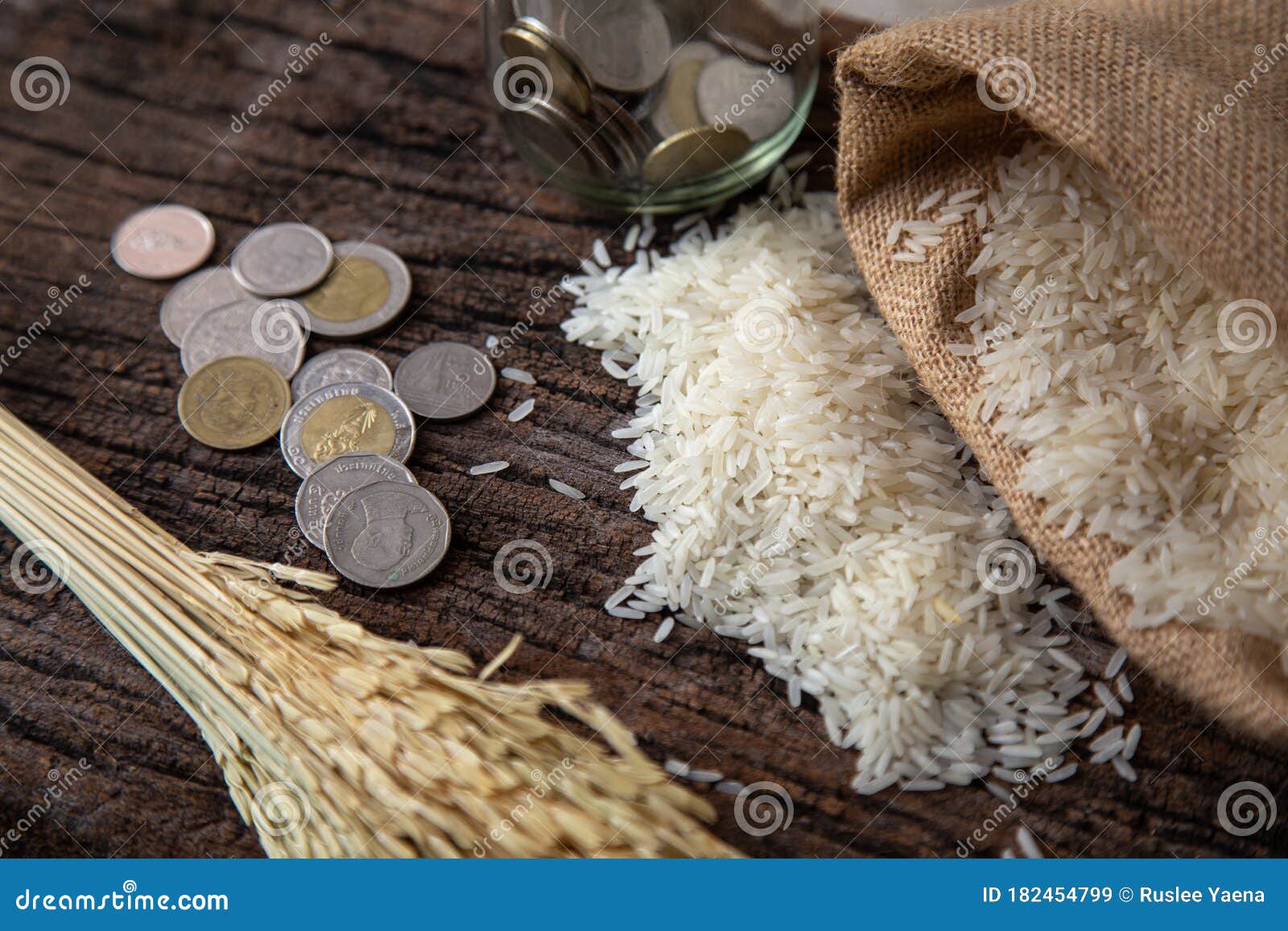 Concept of zakat in Islam religion. Selective focus of money and rice with  alphabet of zakat on wooden background.