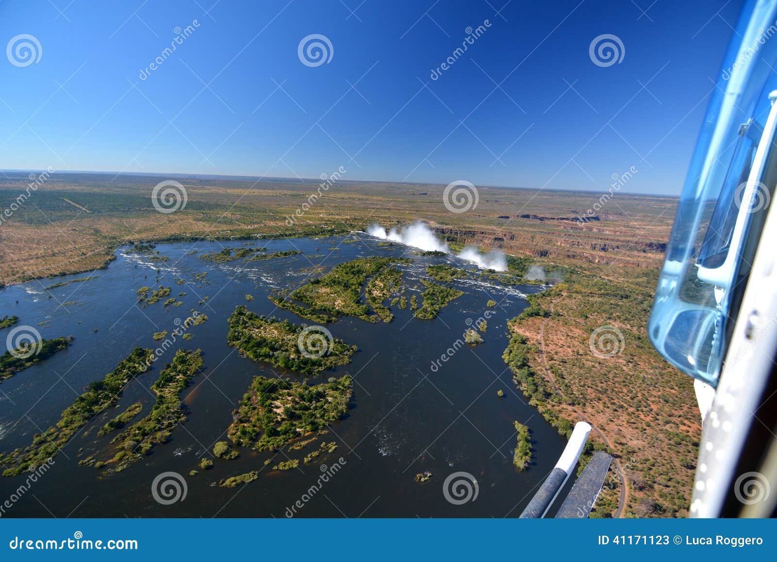 helicopter view of zambezi river and victoria falls. zimbabwe
