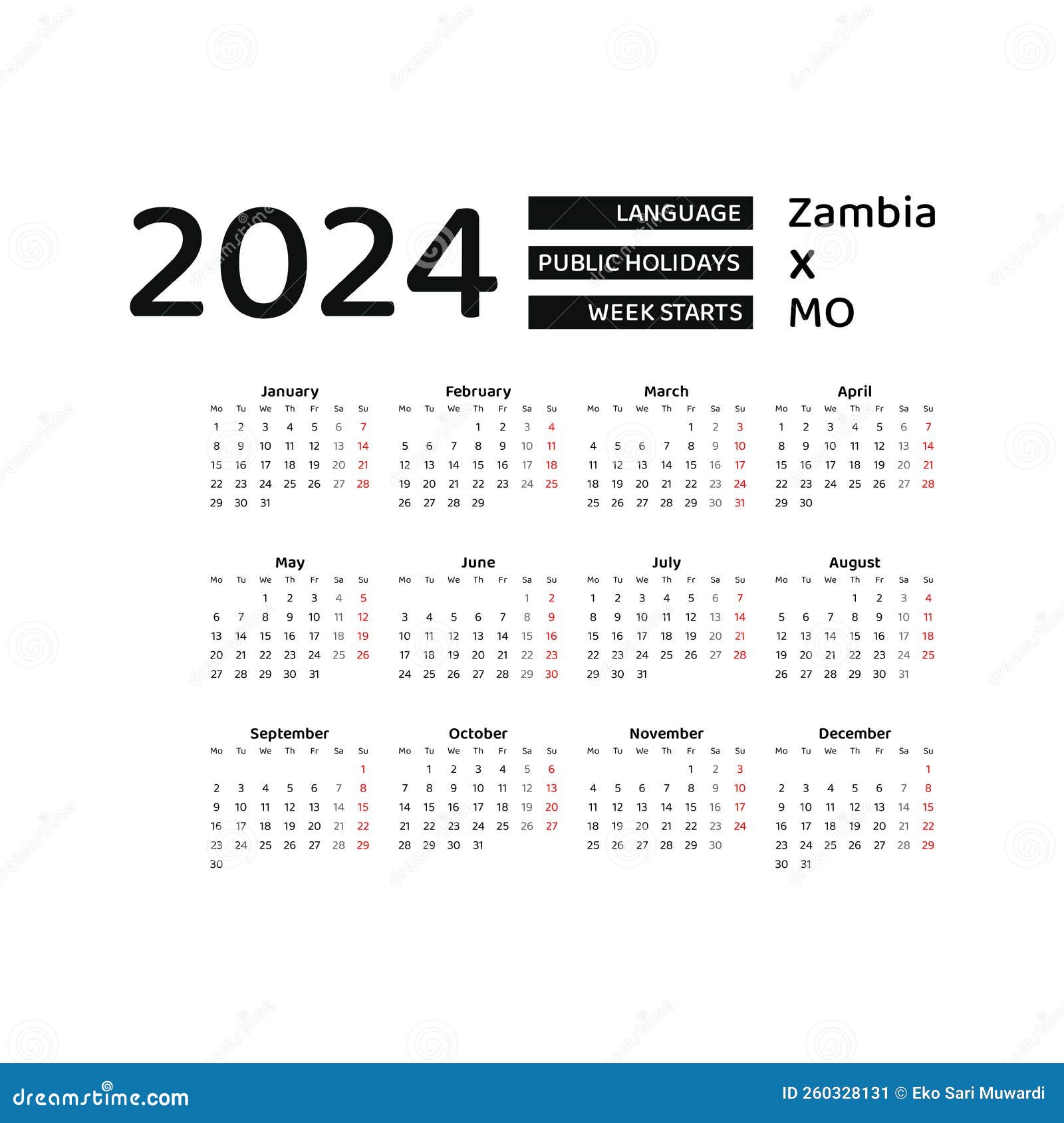 Zambia Calendar 2024 Week Starts From Monday Vector Graphic Design