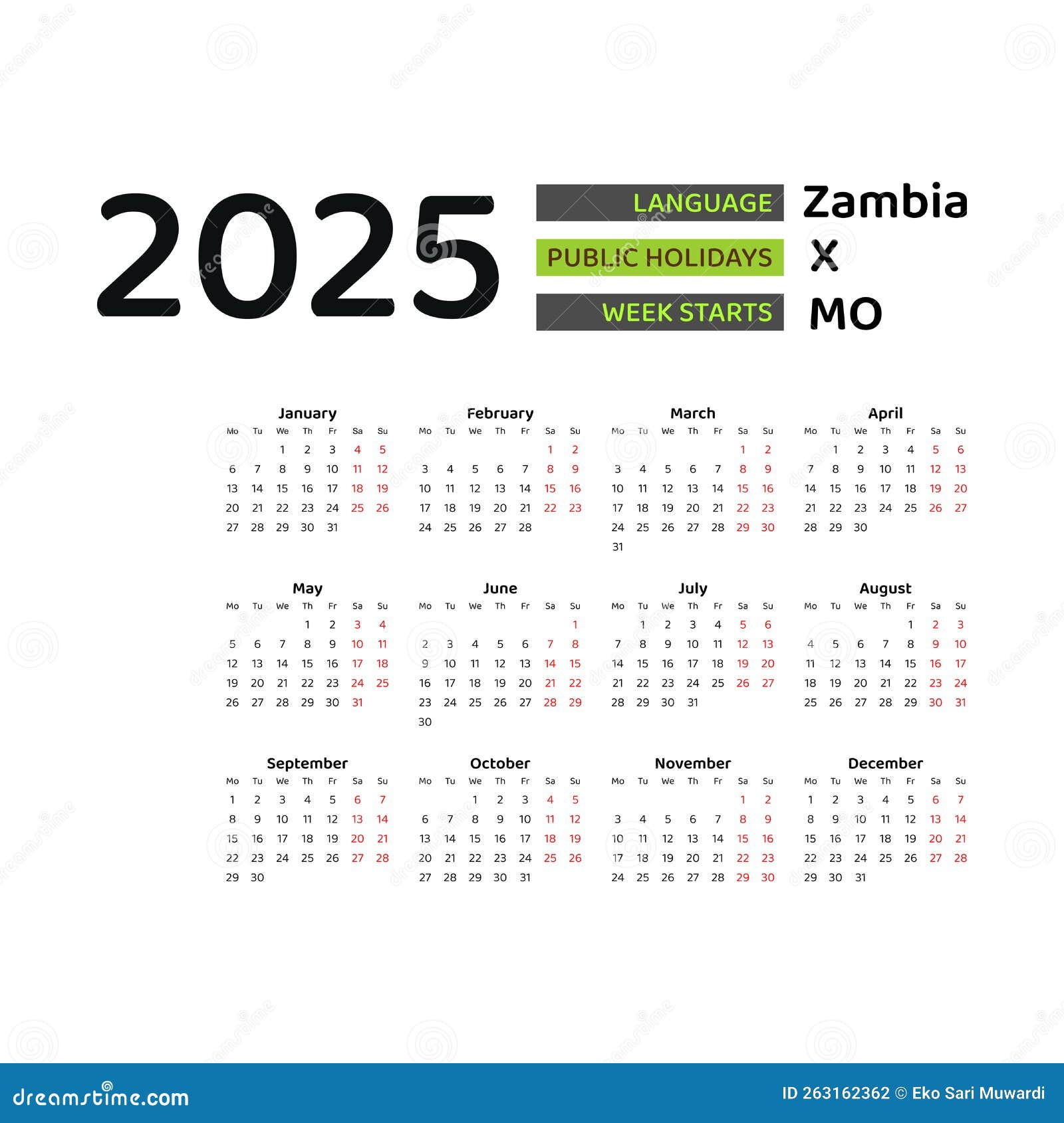 Zambia Calendar 2025. Week Starts from Monday. Vector Graphic Design