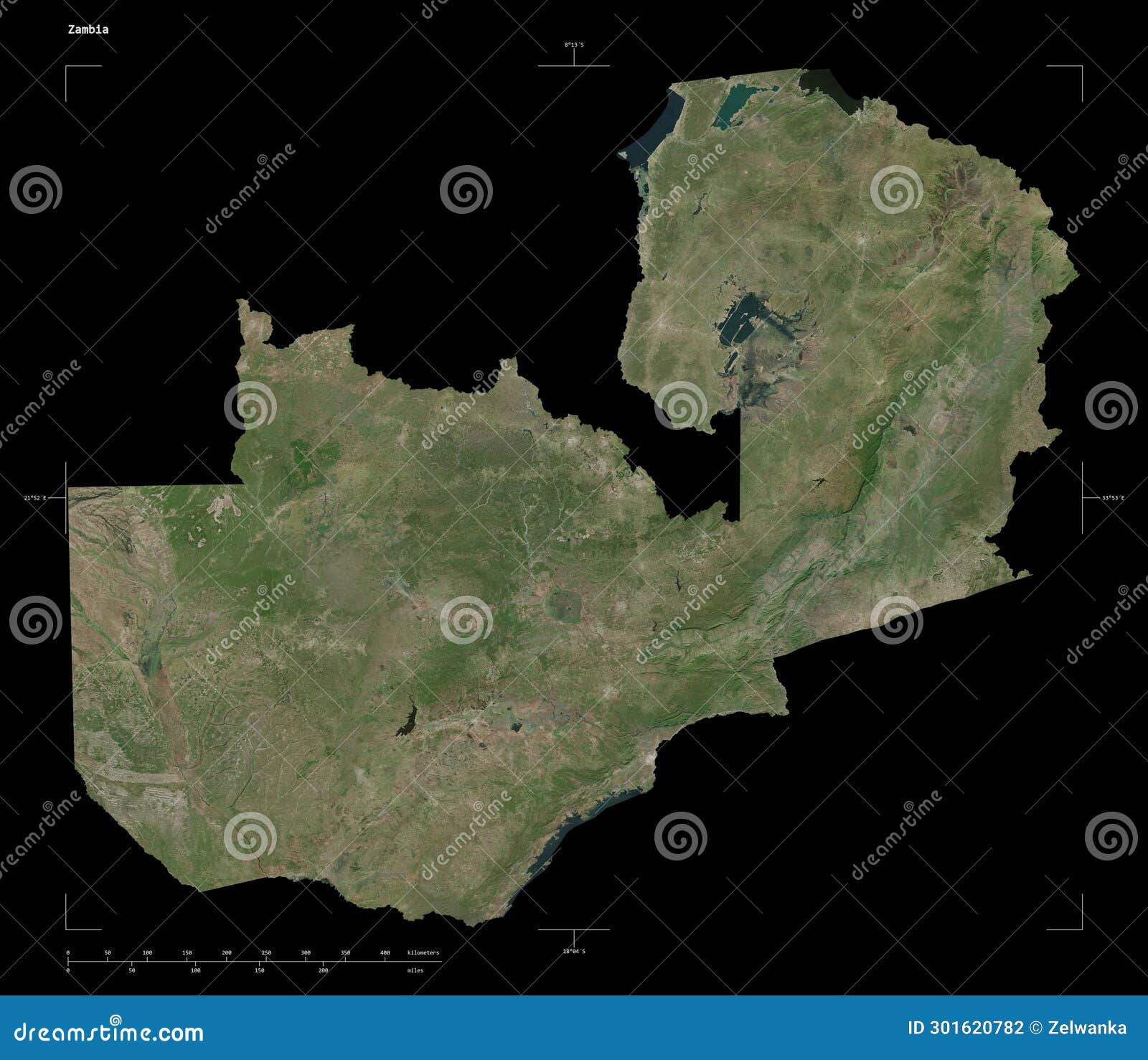 Zambia Shape on Black. Highres Satellite Stock Illustration