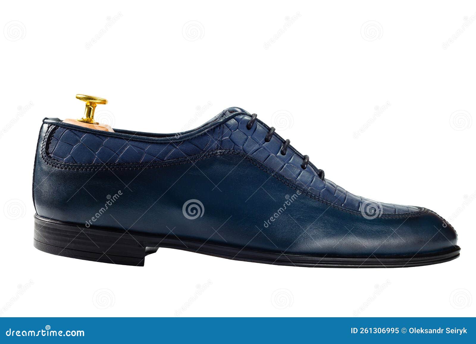 Zapato de cuero azul oscuro con el último bloque dentro aislado sobre fondo blanco.