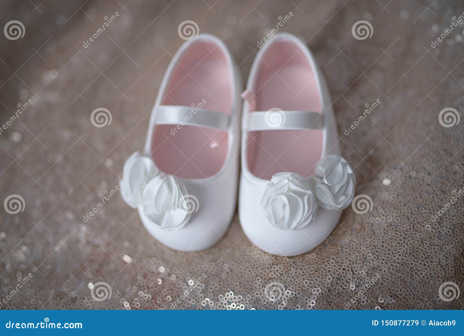 Zapatos Blancos Elegantes De La Bailarina Las Niñas O Botines Del Bebé Con Las Flores Blancas De La Gasa Y La Correa Elastic de archivo - Imagen de calzado, hermoso: