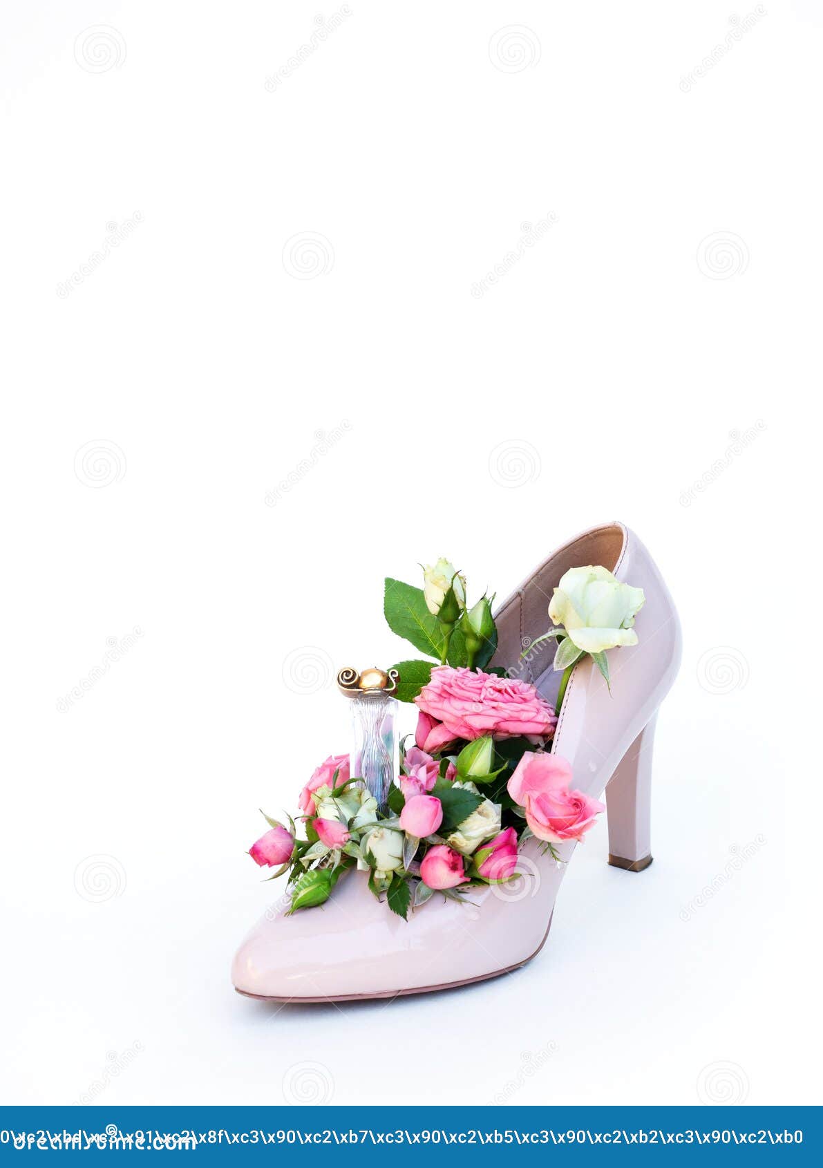 Zapatos Cómodos Para Mujeres Con Tacones Medios Con Flores Sobre Fondo Blanco. Foto de archivo - de pies, creativo: