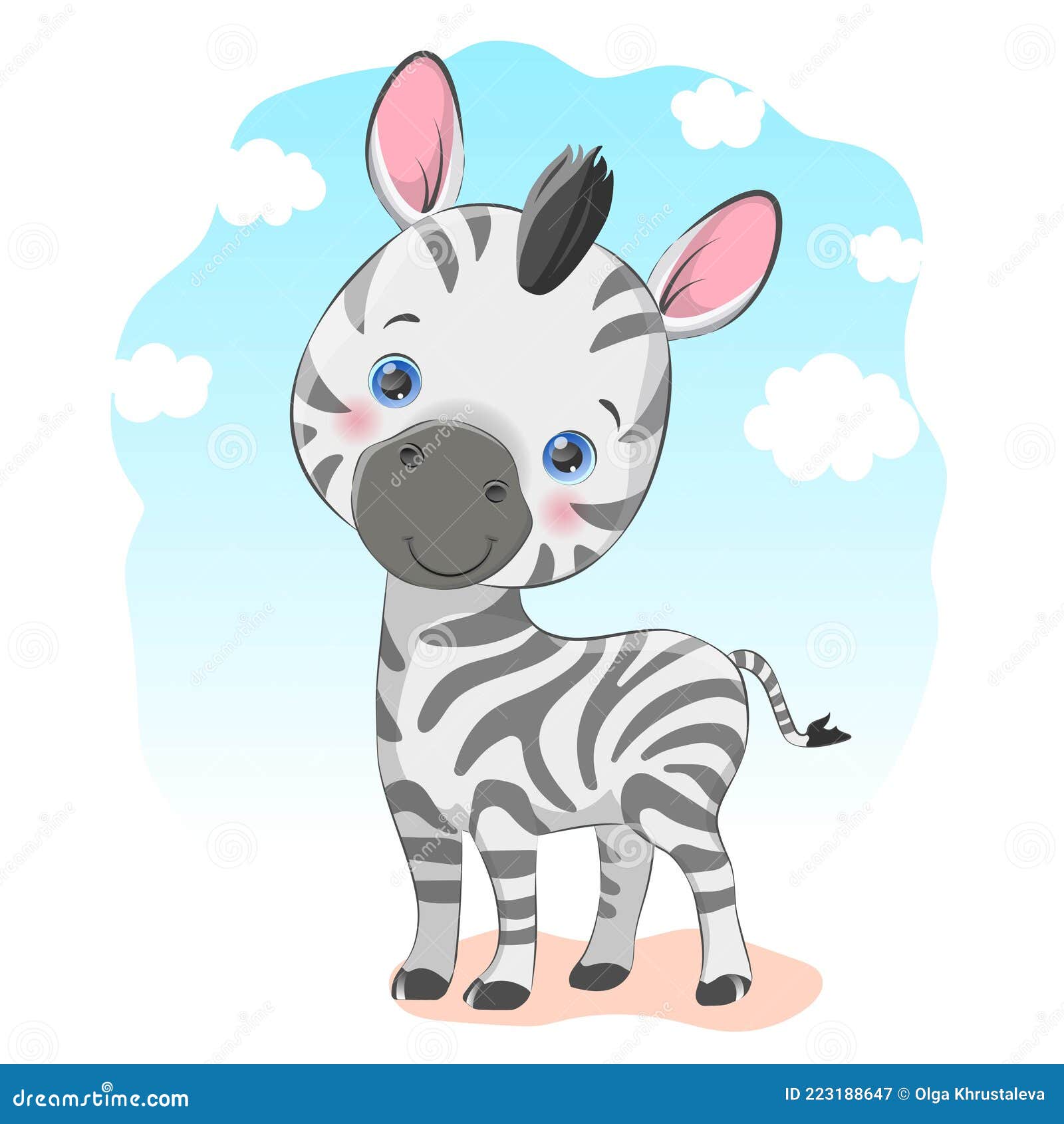 Cute Baby Zebra Standing on a Sunny Sky Background with Small Clouds. Stock  Vector - Illustration of isolated, birthday: 223188647