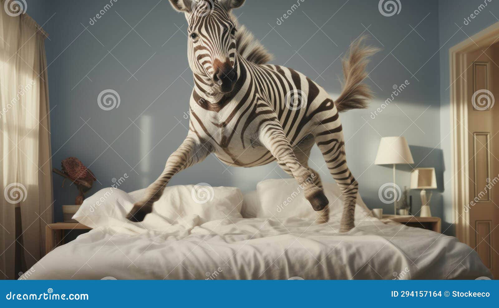Playful Zebra Jumping on Bed Sheets with Volumetric Lighting Stock