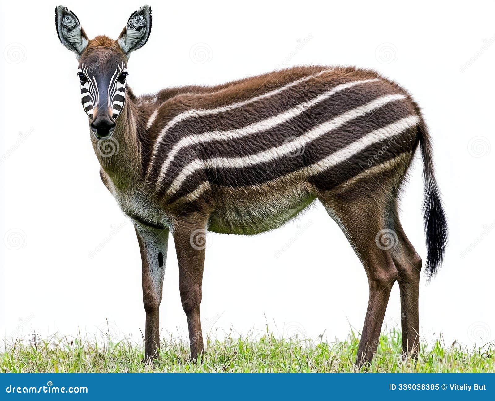 zebra duiker stands poised, showcasing its unique striped coat and short horns. this solitary creature reveals the