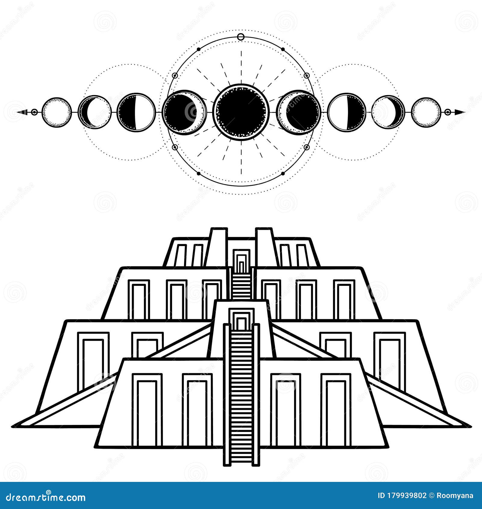 Zeichnen Uralter Heiliger Zikkurat Mondphasen Vektor Abbildung Illustration Von Geometrie Karikatur 179939802