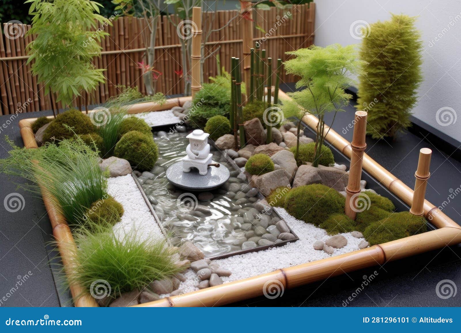 Zen Garden with Bamboo Water Fountain Feature Stock Illustration ...