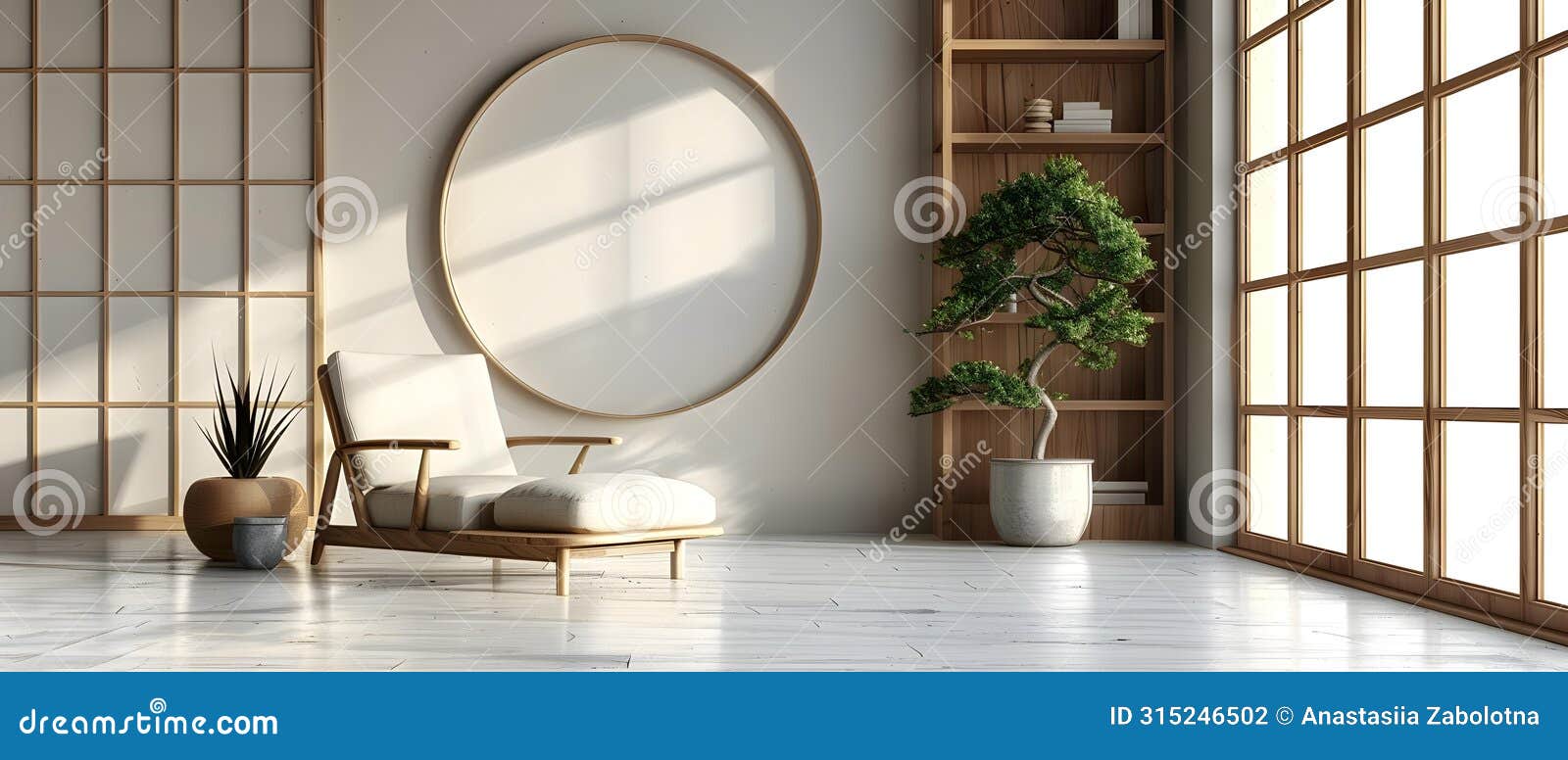concept minimalist , zen decor, zeninspired minimalist studio with wood accents and bonsai