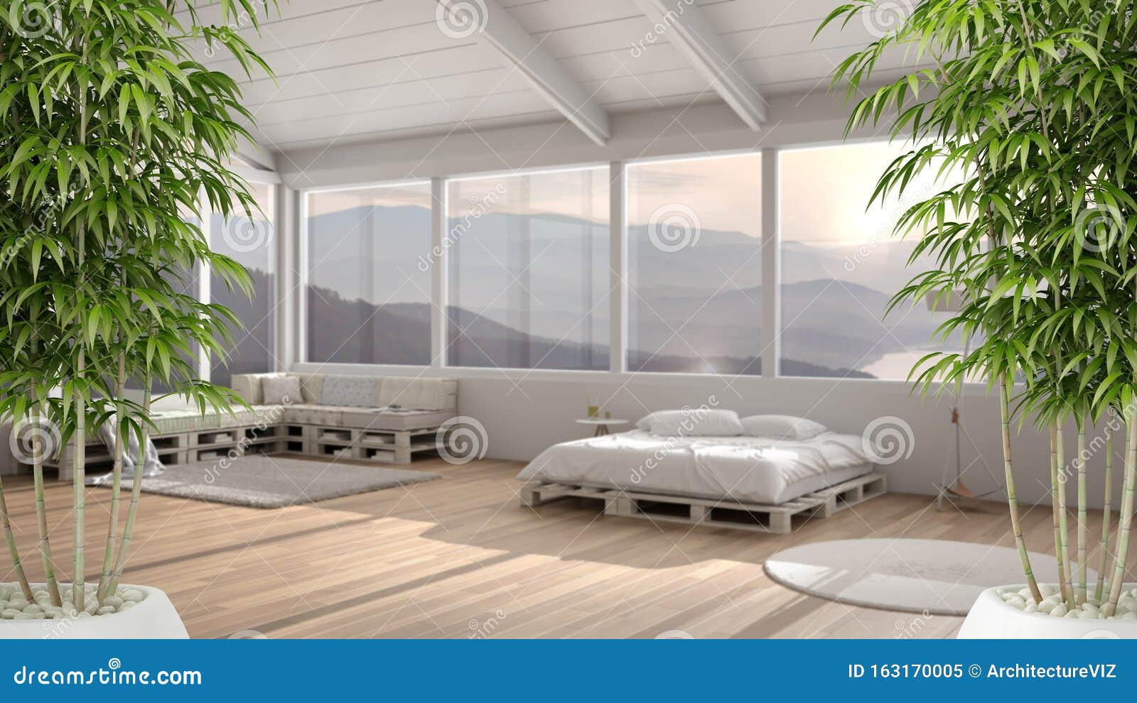 Zen Interior With Potted Bamboo Plant Natural Interior Design Concept Scandinavian Minimalist Bedroom With Diy Pallet Bed And Stock Illustration Illustration Of Design Furniture 163170005