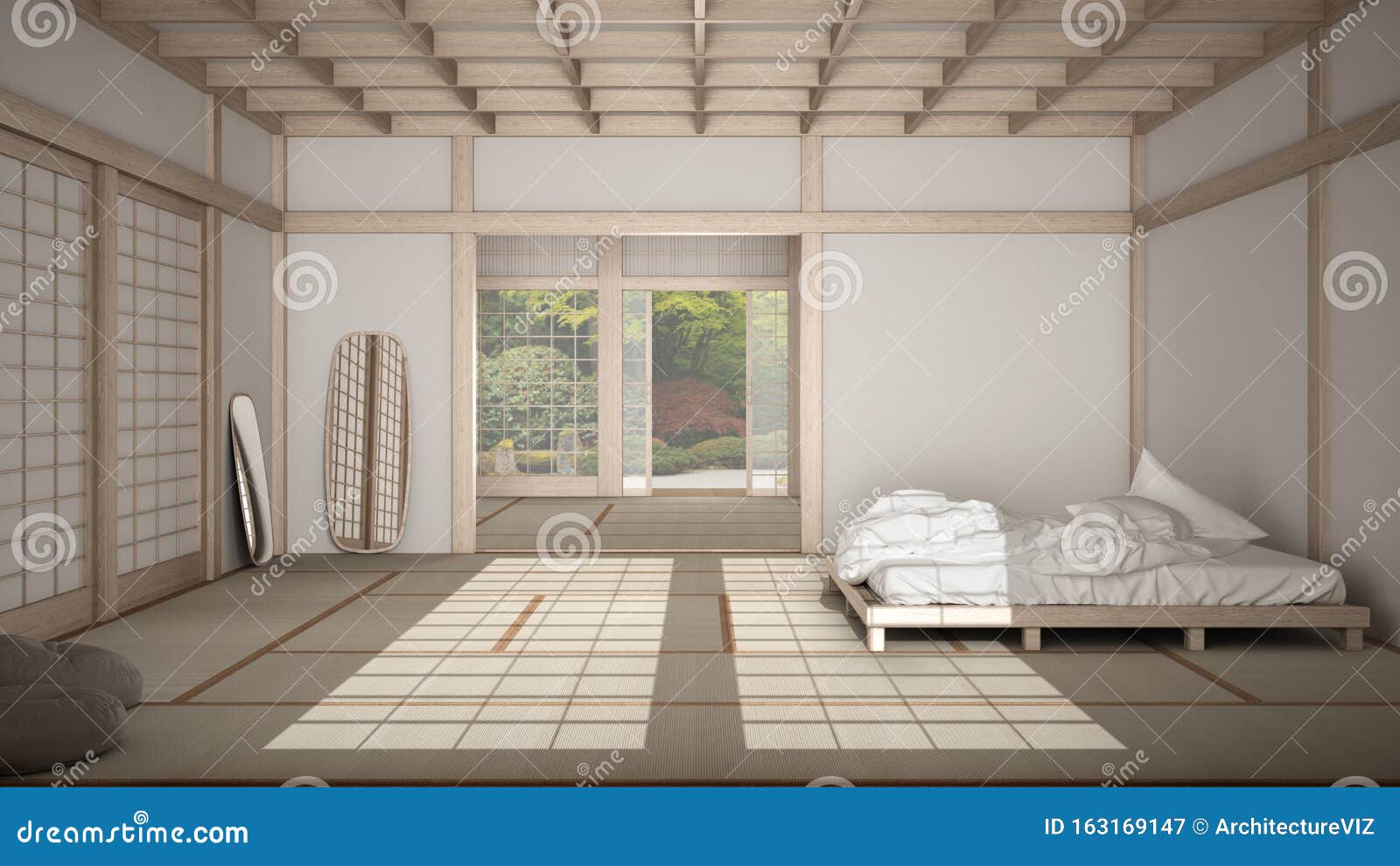 Zen Japanese Empty Minimalist Bedroom Wooden Roof Tatami Floor