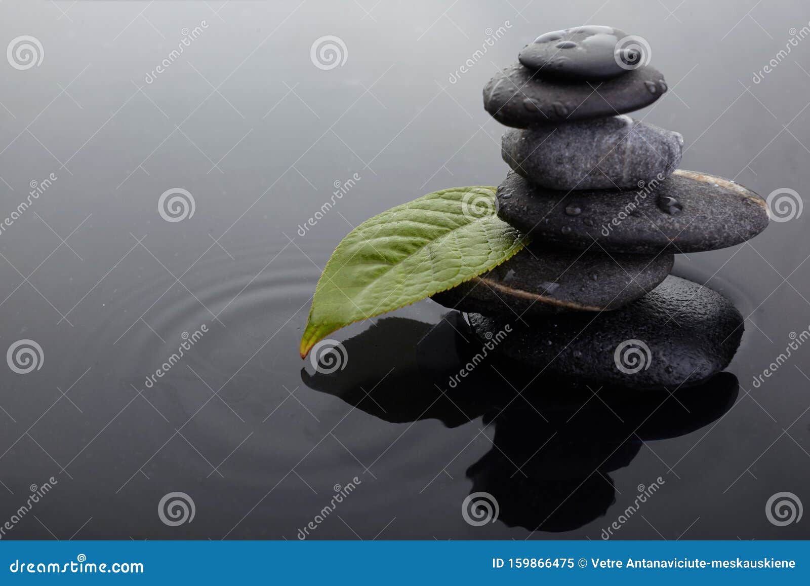 Zen Stones In Balanced Pile And Green Leaf With Water Drops In Water