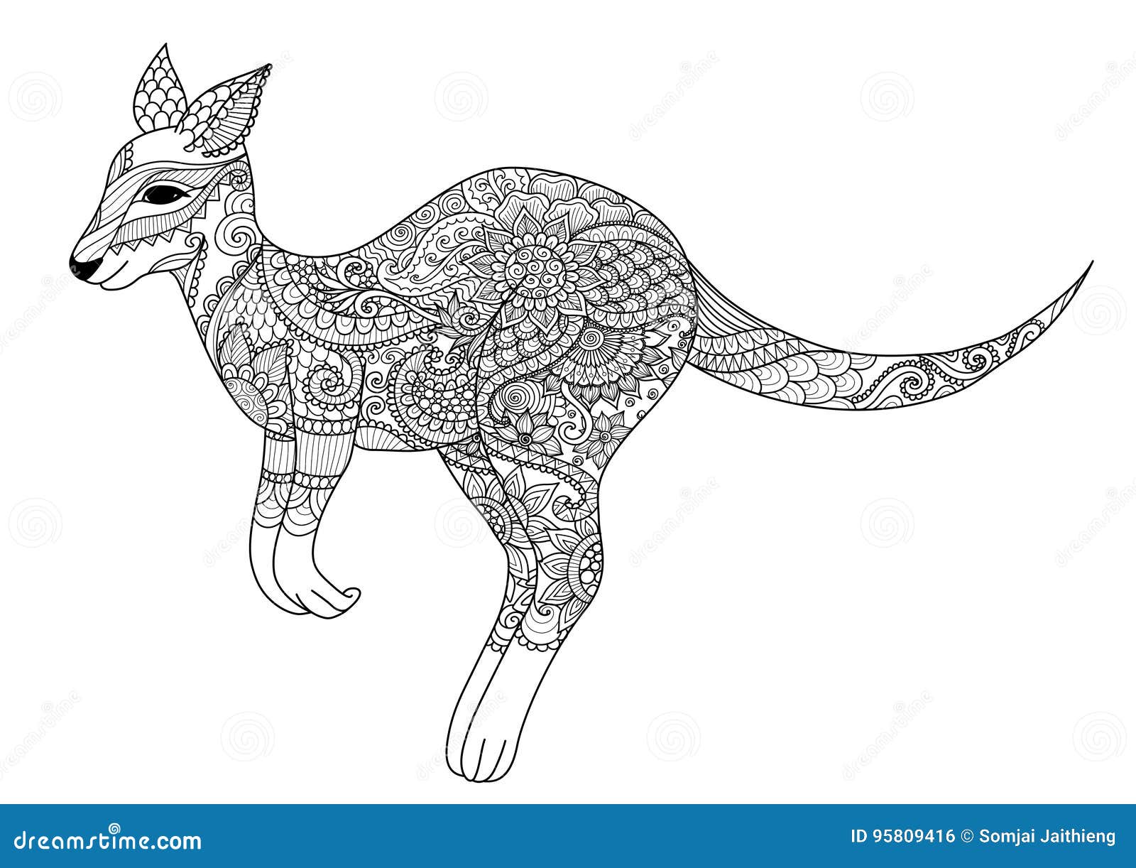 zendoodle  of jumping kangaroo for   and adult or kid coloring book page.  