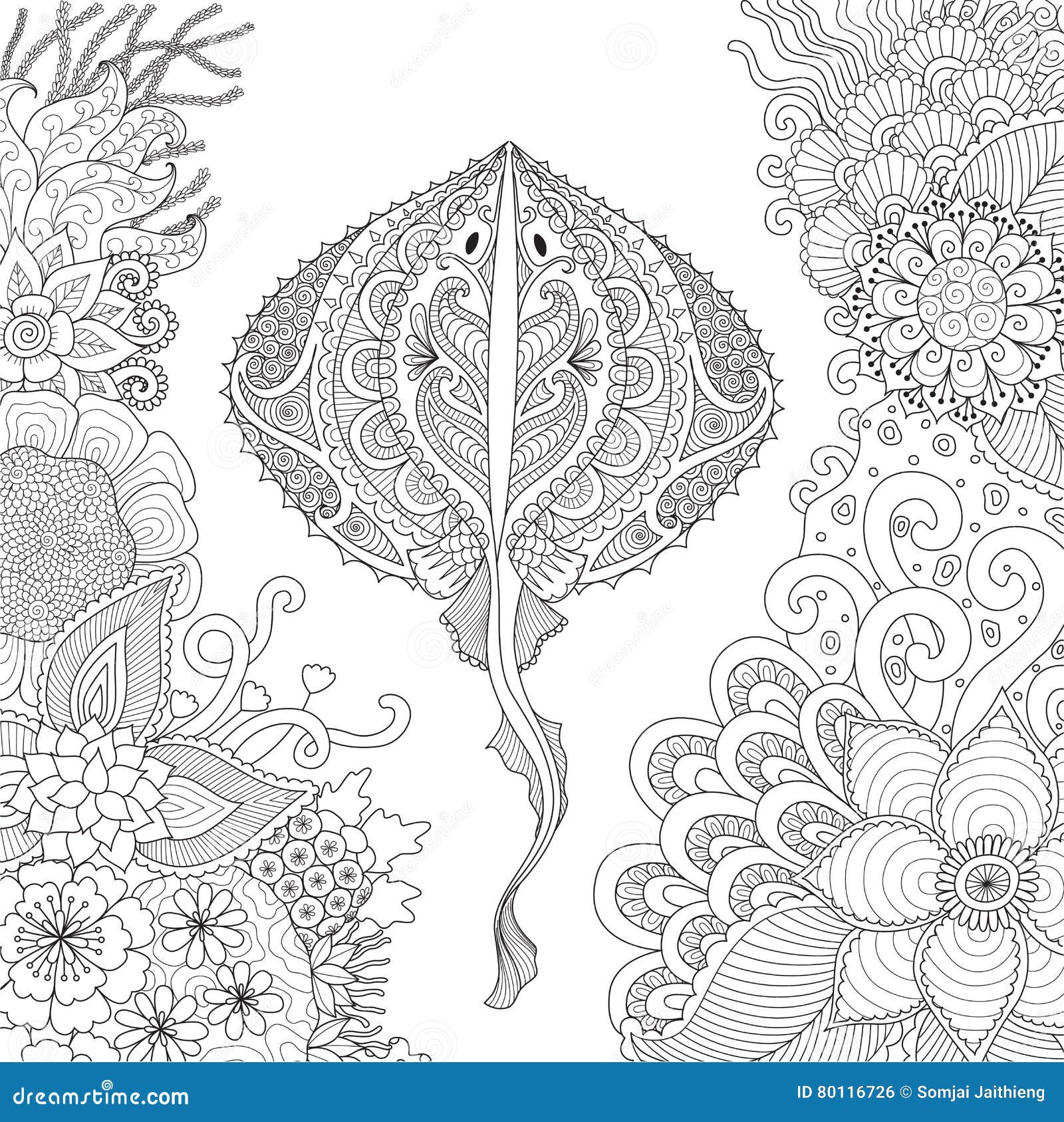 zendoodle of stingray swimming among beautiful corals under water world for adult coloring book pages - stock 