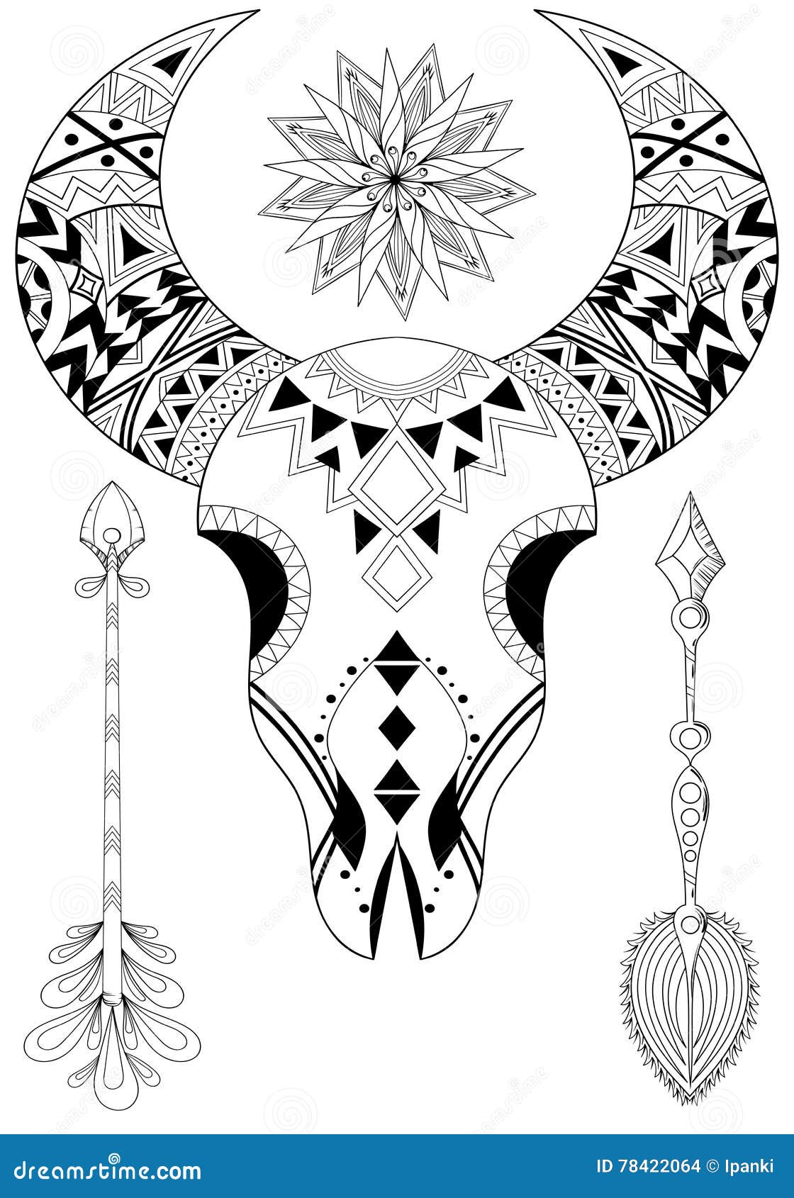 Zentangle Animal Skull with Sun and Arrows Hand drawn ethnic ta