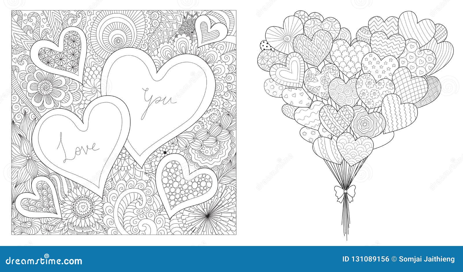 zentangle  of hearted s set, for printing on cards and coloring for adult.  