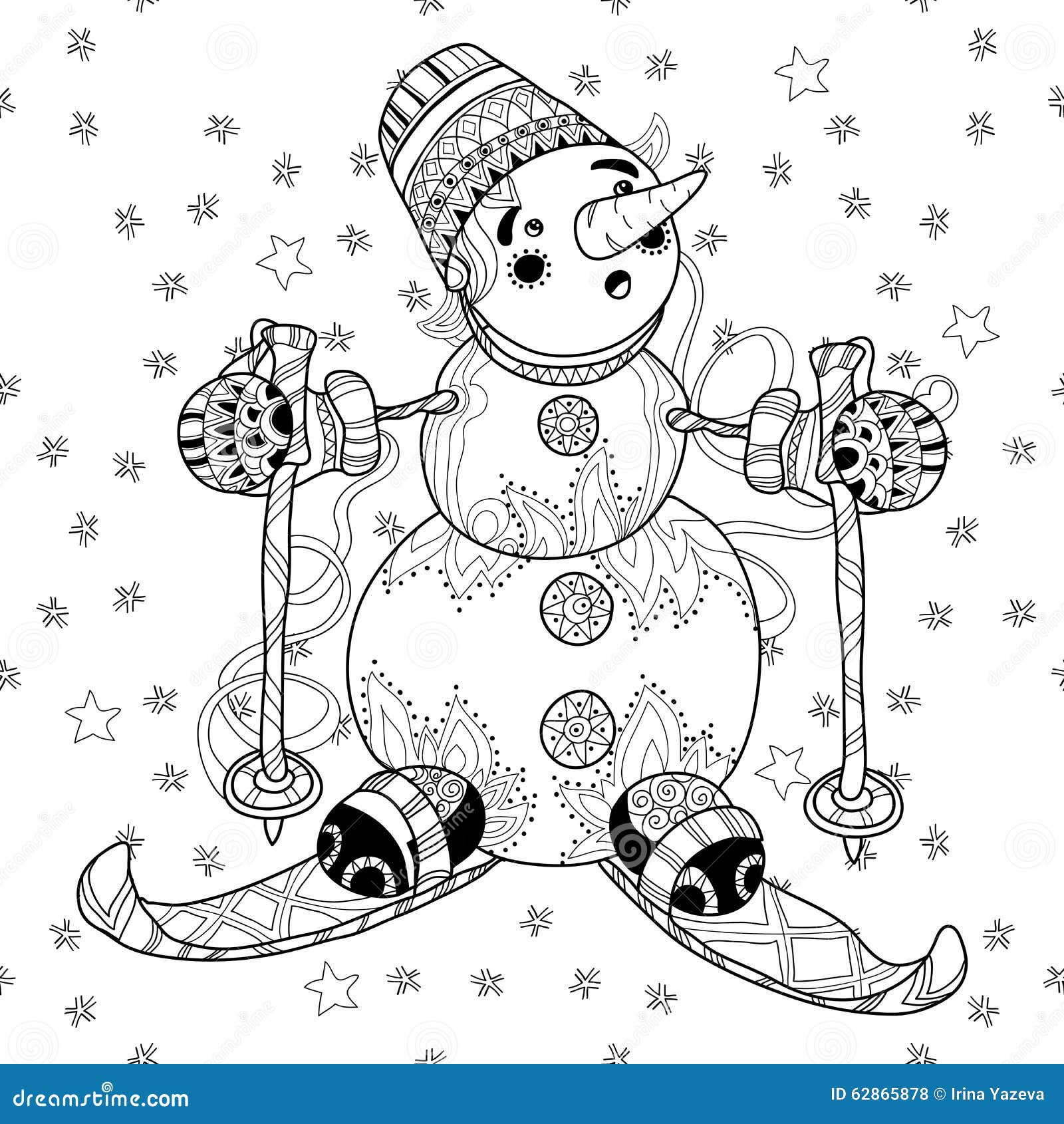 zentangle doodle hand drawn christmas snowman ski.