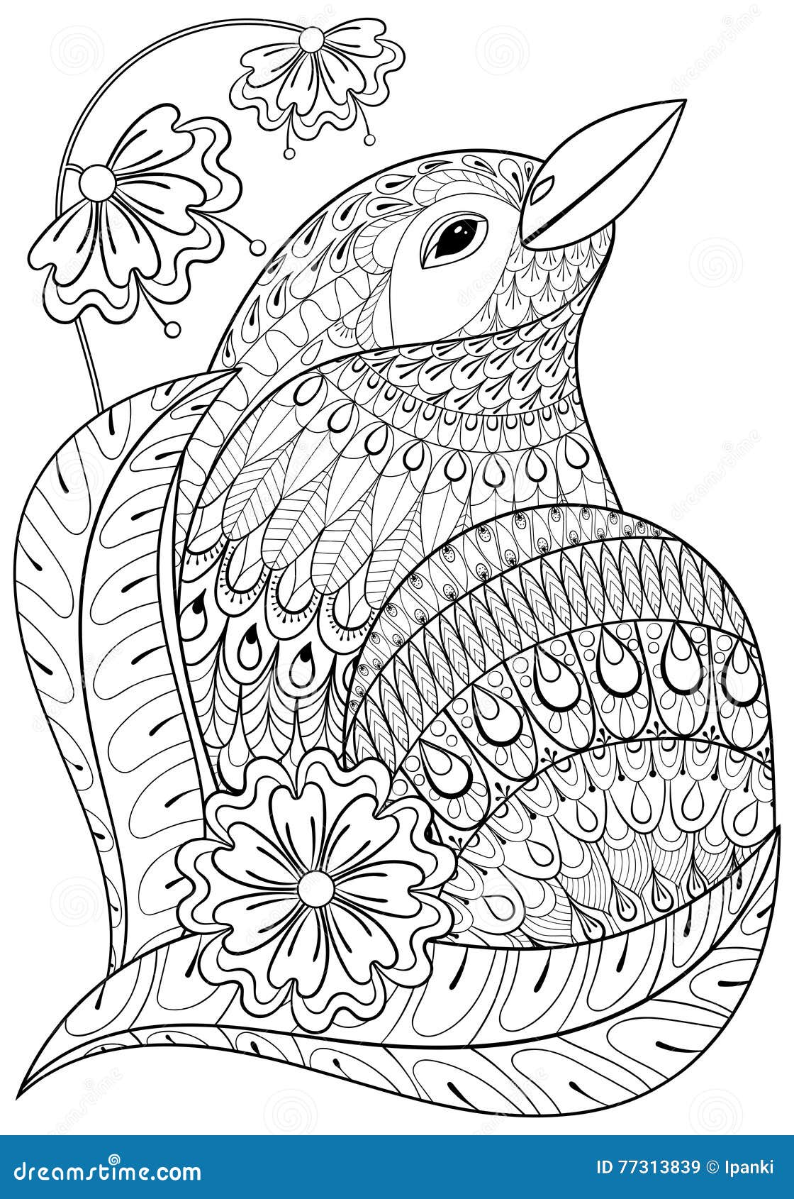 Zentangle Exotic Bird In Flowers. Hand Drawn Ethnic Animal