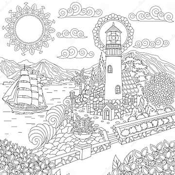 Zentangle Lighthouse on Sea Shore Stock Vector - Illustration of design ...