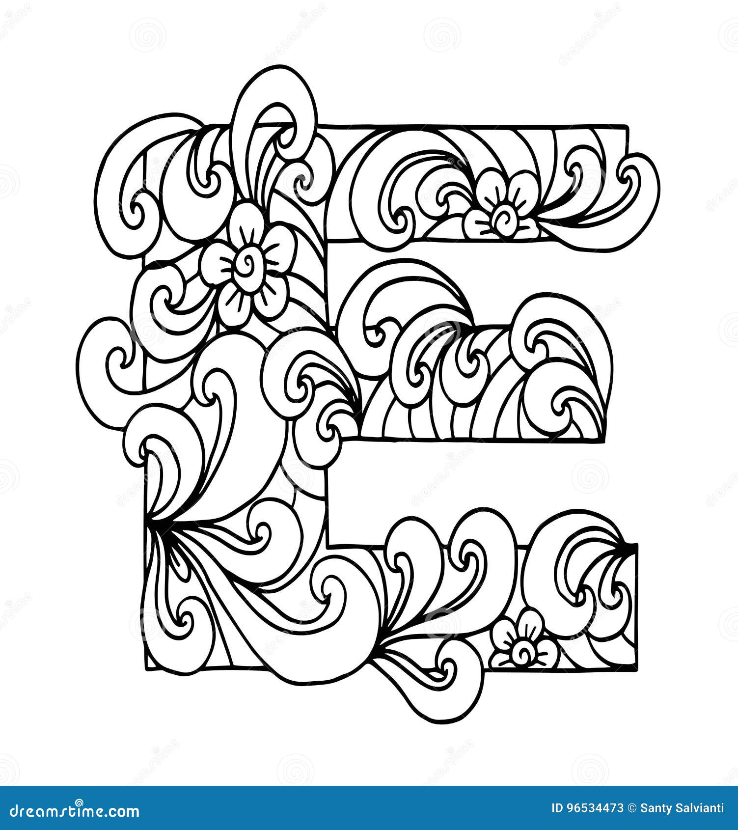 Zentangle Stylized Alphabet Letter E In Doodle Style Hand Drawn