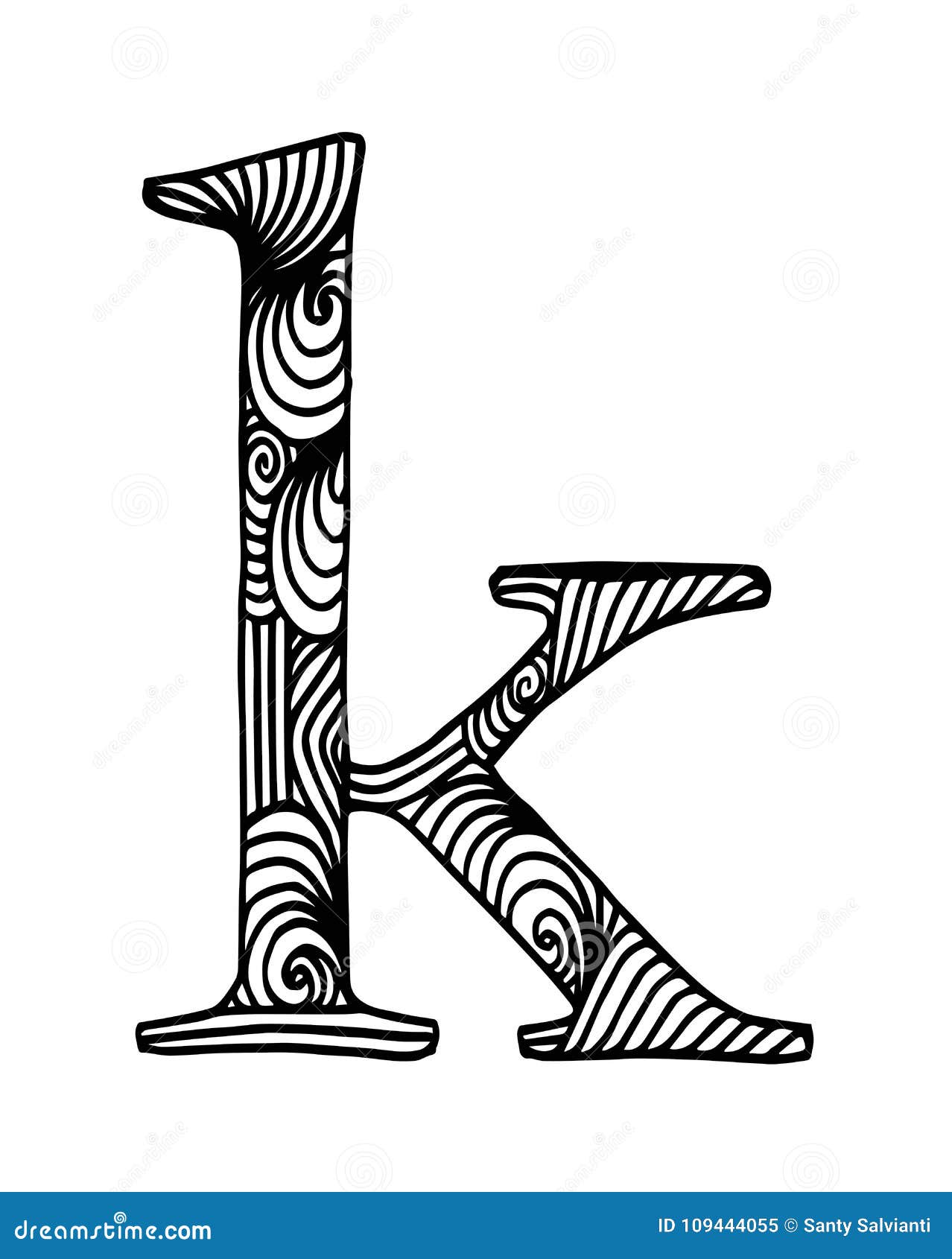 Zentangle Stylized Alphabet Letter K In Doodle Style Hand Drawn