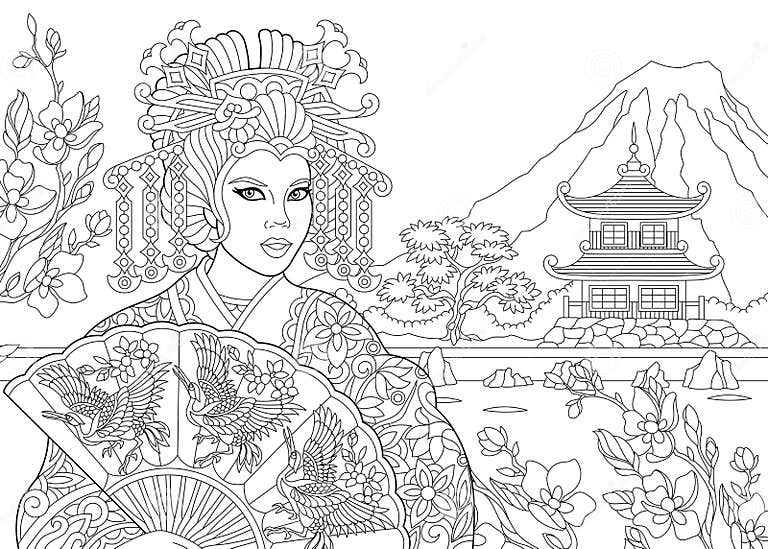 Zentangle Stylized Geisha Woman Stock Vector - Illustration of cherry ...
