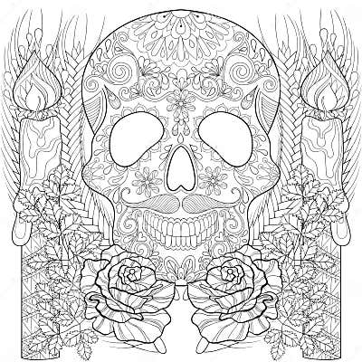 Zentangle Stylized Skull with Candles, Roses, Ears for Halloween Stock ...