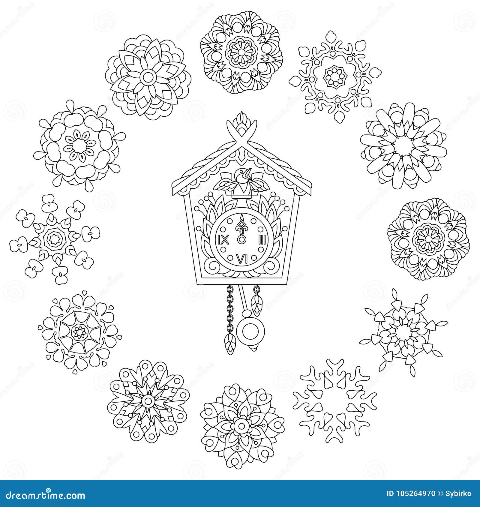 Christmas Coloring Page Old Antique Wall Clock With Cuckoo Bird Singing And Vintage Winter Snowflakes Freehand Sketch Drawing For 2018 Happy New Year