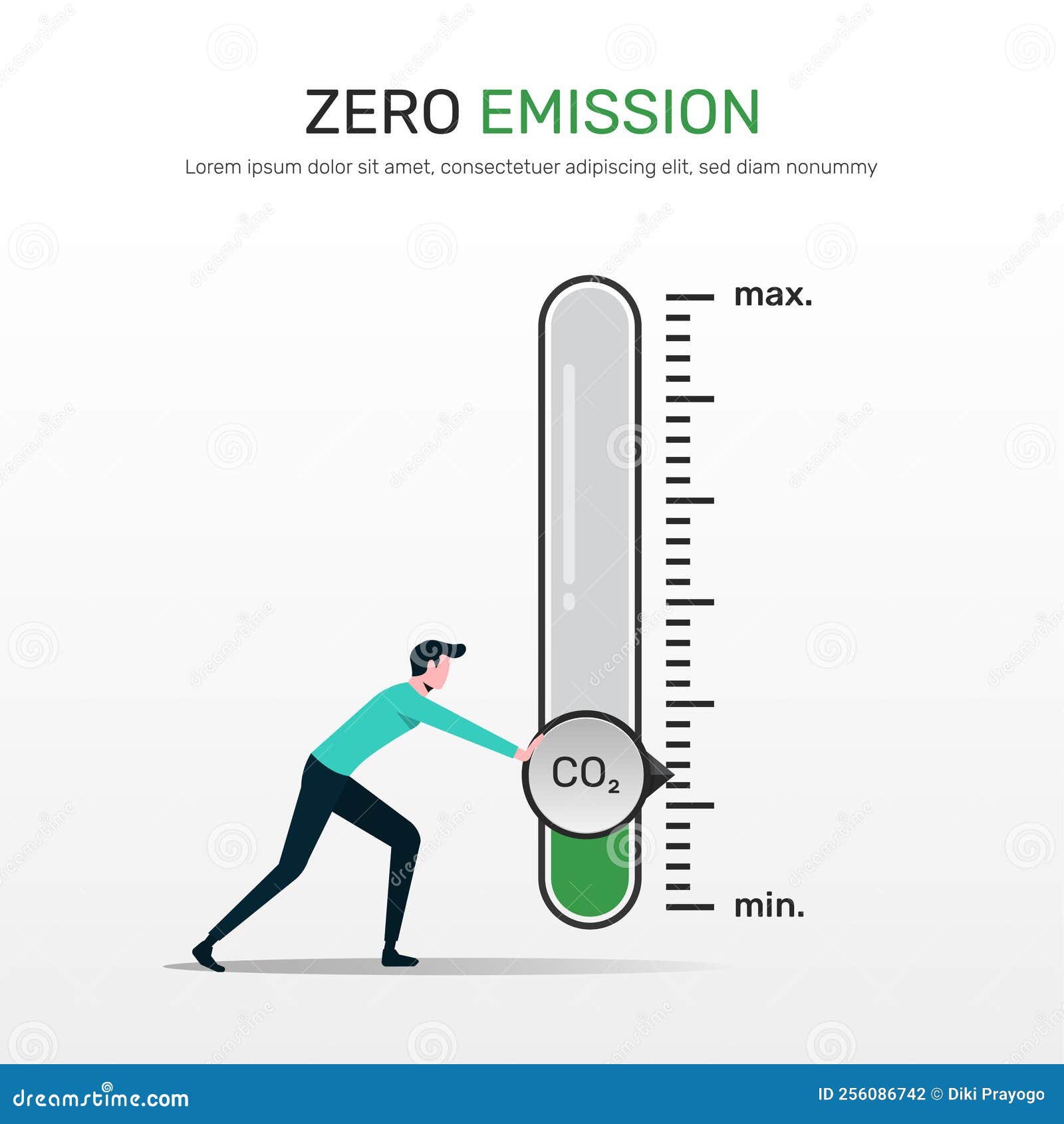 zero emission concept. a man turning gauge arrow pointer to lowest level of co2. new energy to decarbonize industry, energy and