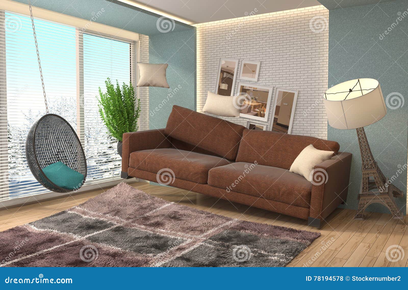Zero Gravity Furniture Hovering in Living Room. 3D Illustration Stock