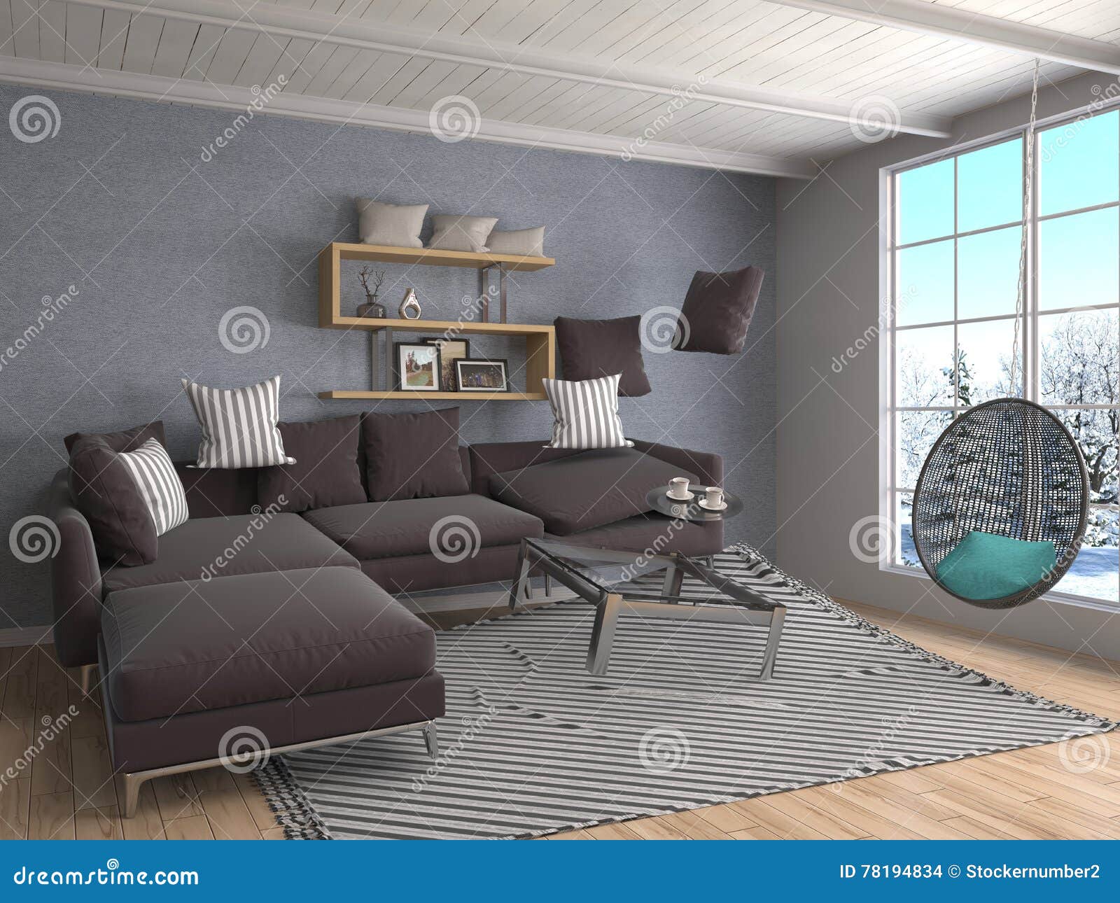 Zero Gravity Furniture Hovering in Living Room. 3D Illustration Stock