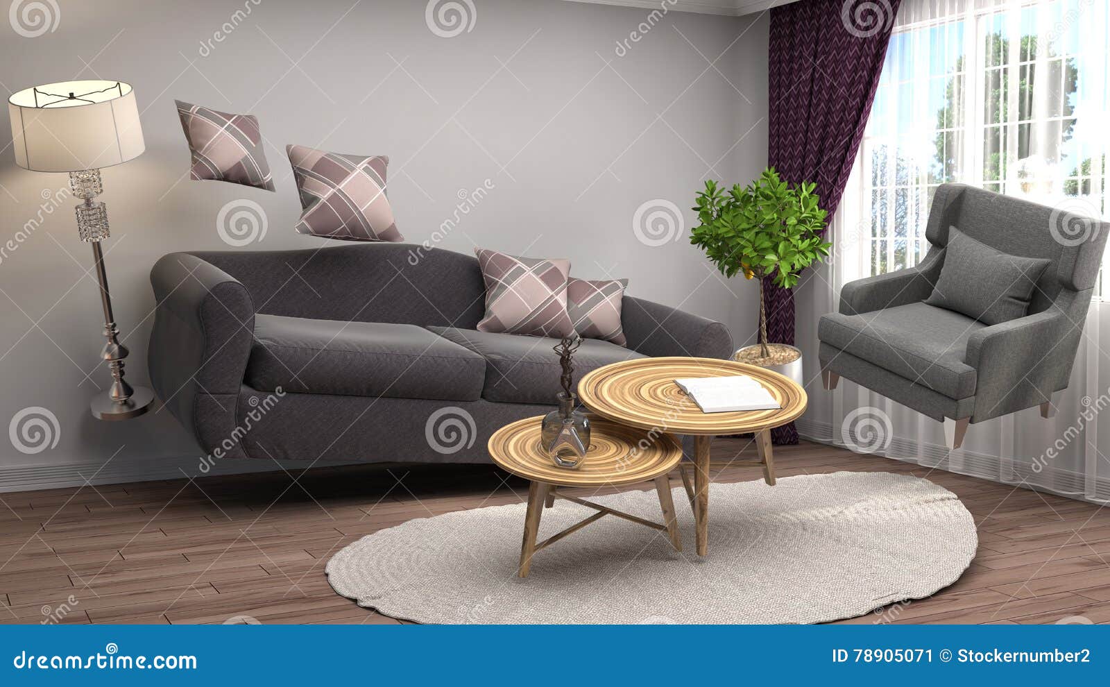Zero Gravity Furniture Hovering in Living Room. 3D Illustration Stock