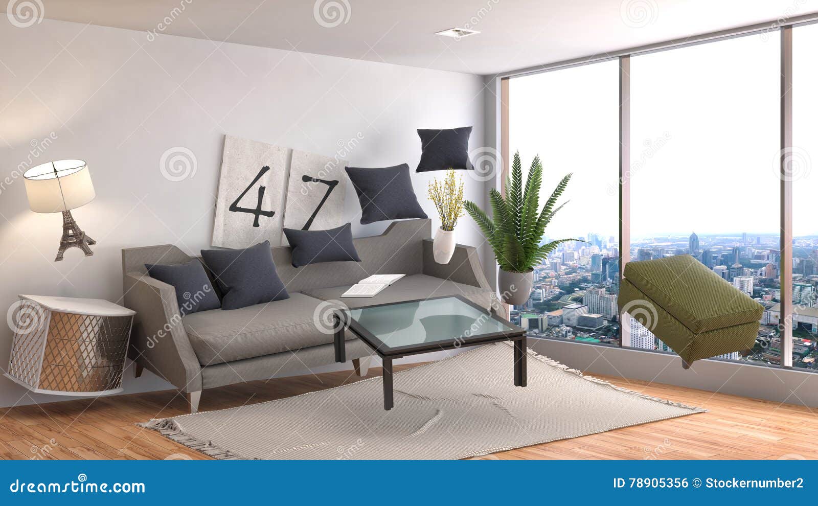 Zero Gravity Furniture Hovering in Living Room. 3D Illustration Stock