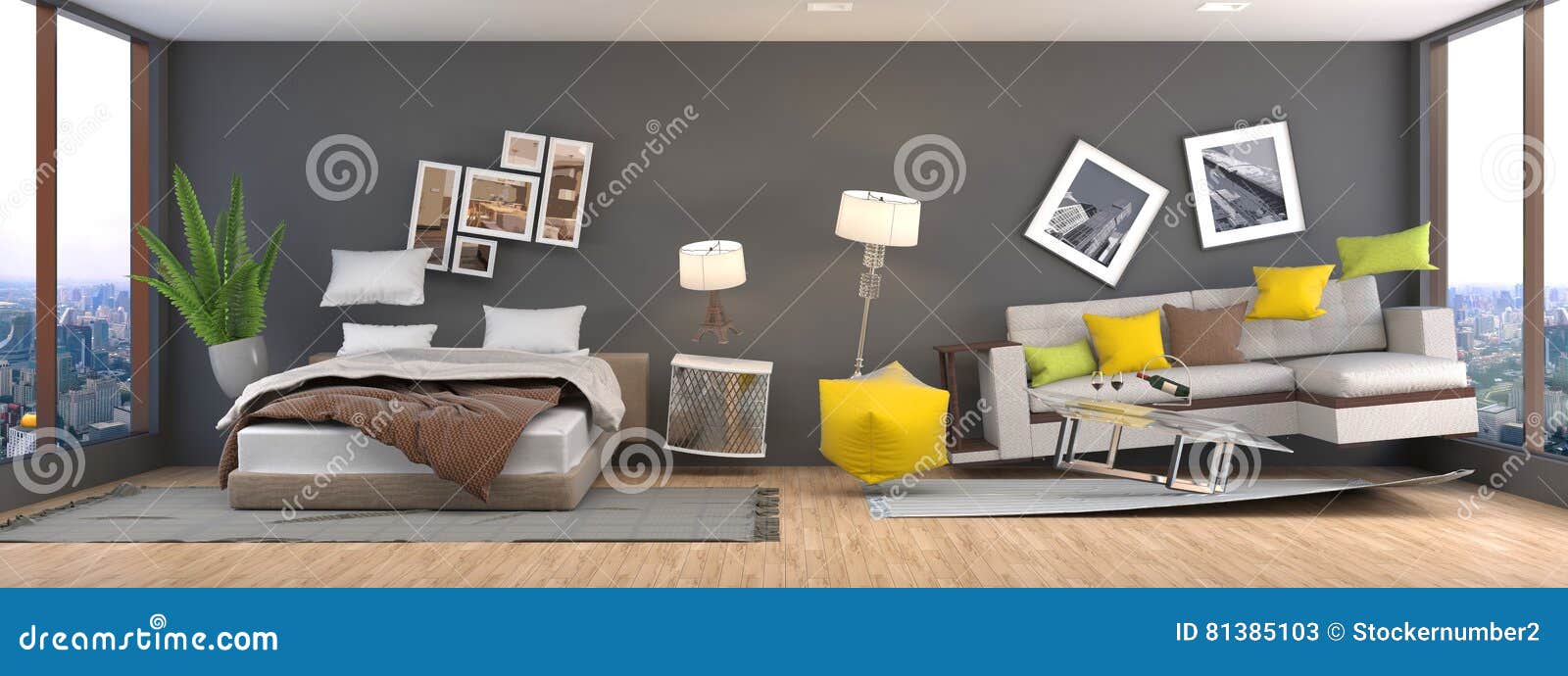 Zero Gravity Furniture Hovering in Living Room. 3D Illustration Stock