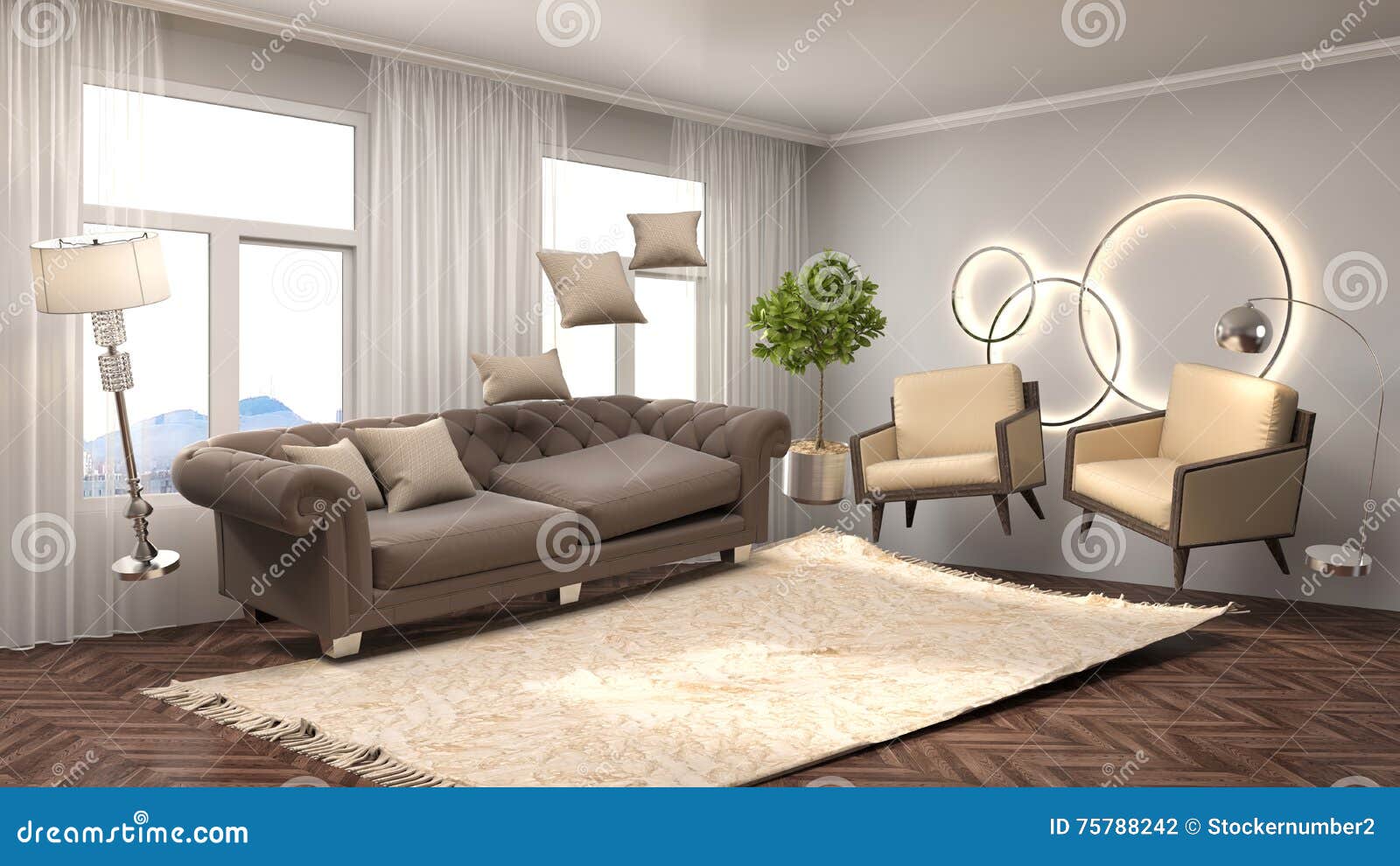 Zero Gravity Sofa Hovering in Living Room. 3D Illustration Stock