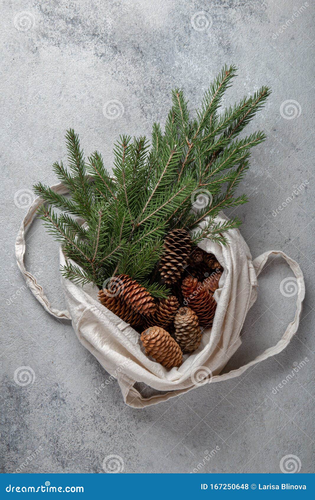 zero waste christmas concept. natural chirsmas decoration, pine cones and branches in linen bag. flat lay, top view