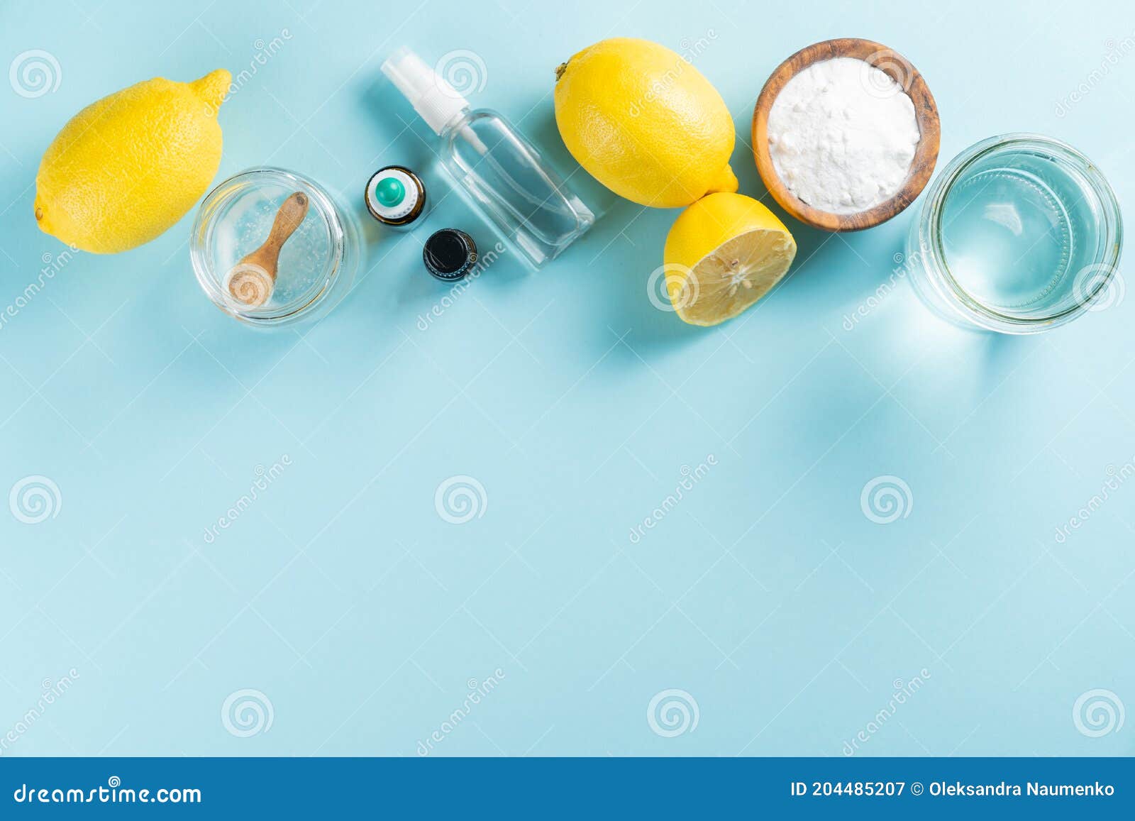 Zero Waste and Eco Cleaners Ingredients on Blue Background Stock