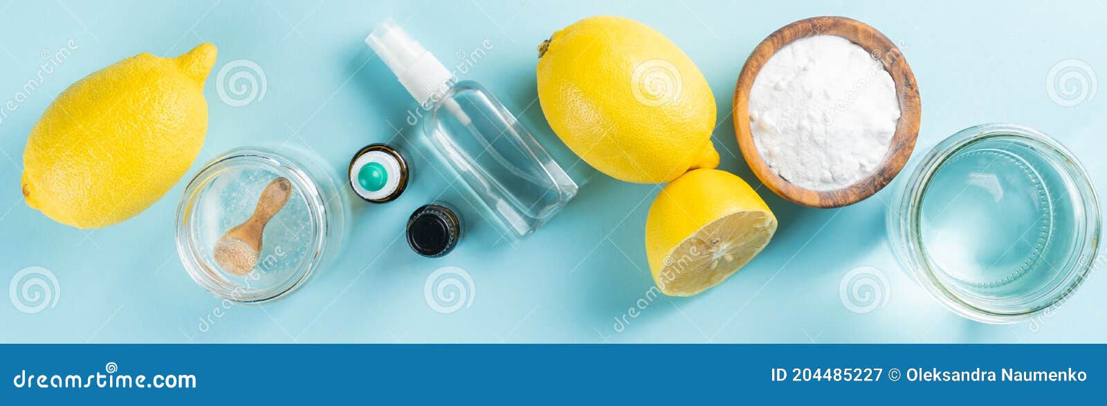 Zero Waste and Eco Cleaners Ingredients on Blue Background Stock