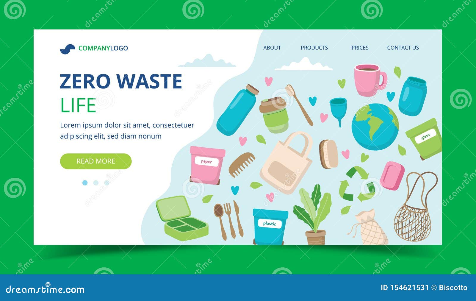 zero waste landing page with ecological s - waste sorting, reusable cups, cotton shopping bag, toiletries