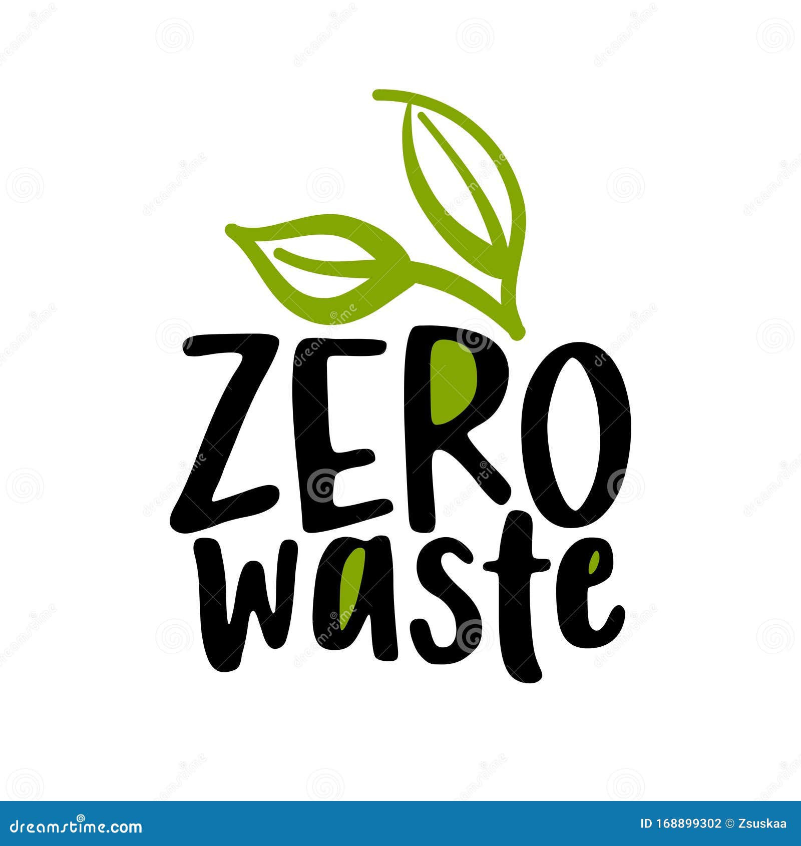 Zero Waste Logo with Green Leaves - Handwritten Label. Stock Vector ...